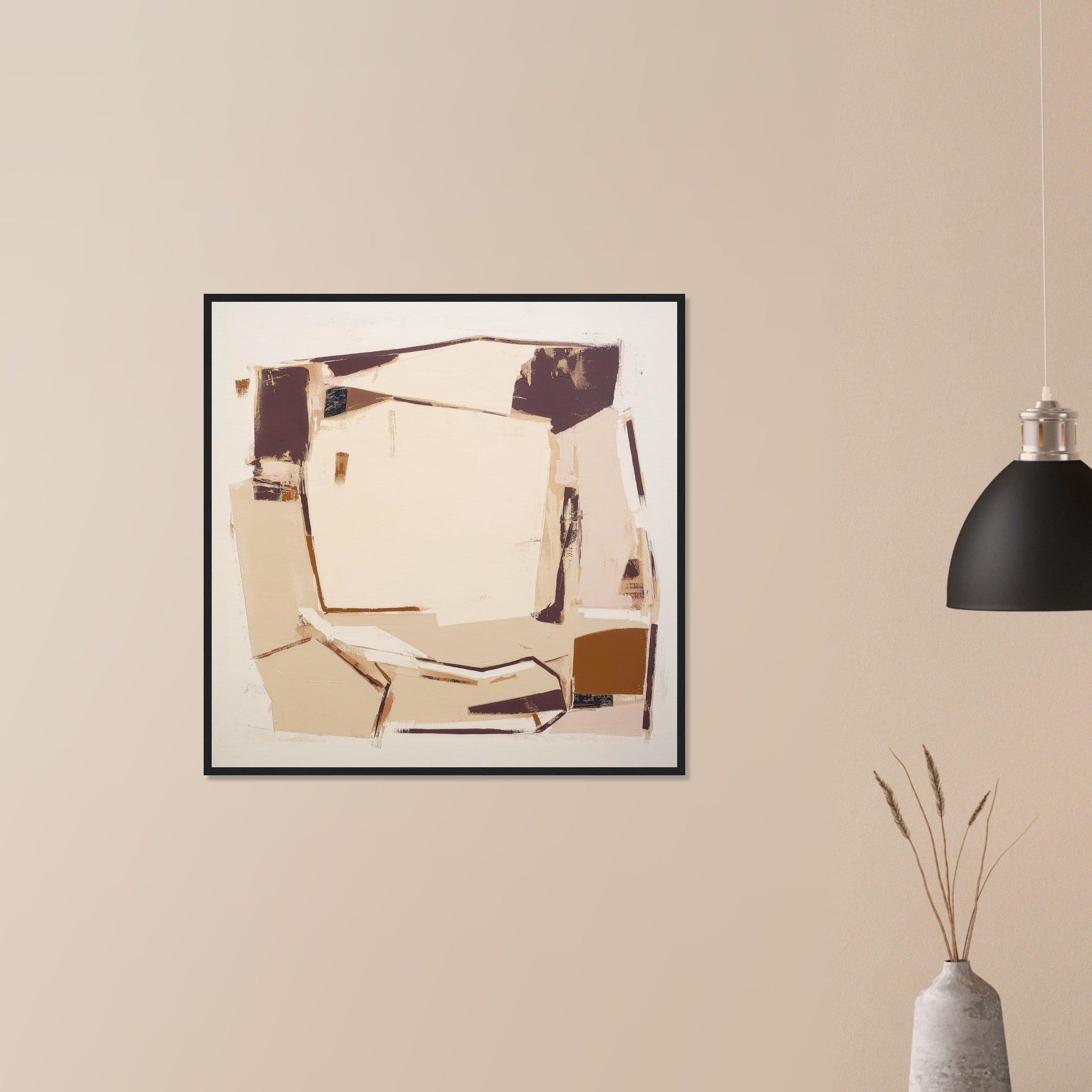 Packing House rustic modern abstract in dark wood frame on neutral wall in modern home, agricultural building forms and muted palette