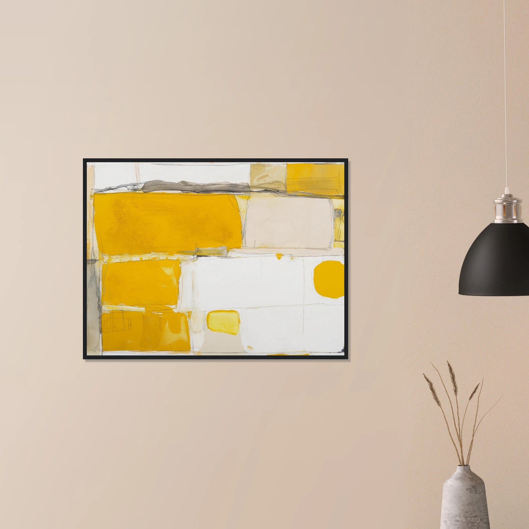 Mustard Field Abstract minimalist print in dark wood frame on neutral wall, layered ochre field tones
