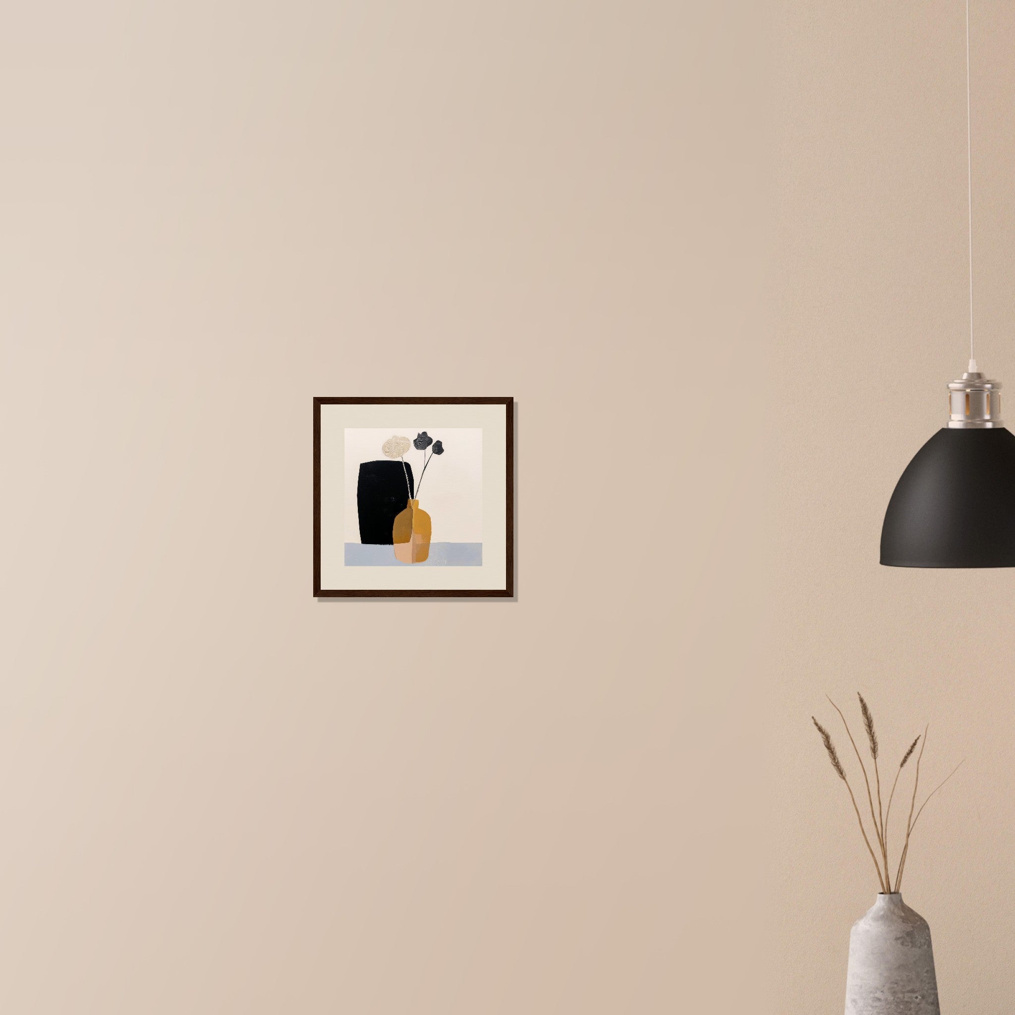 Dry Arrangement refined botanical wall art in white frame on neutral wall in modern home, preserved blooms with ochre ceramic form