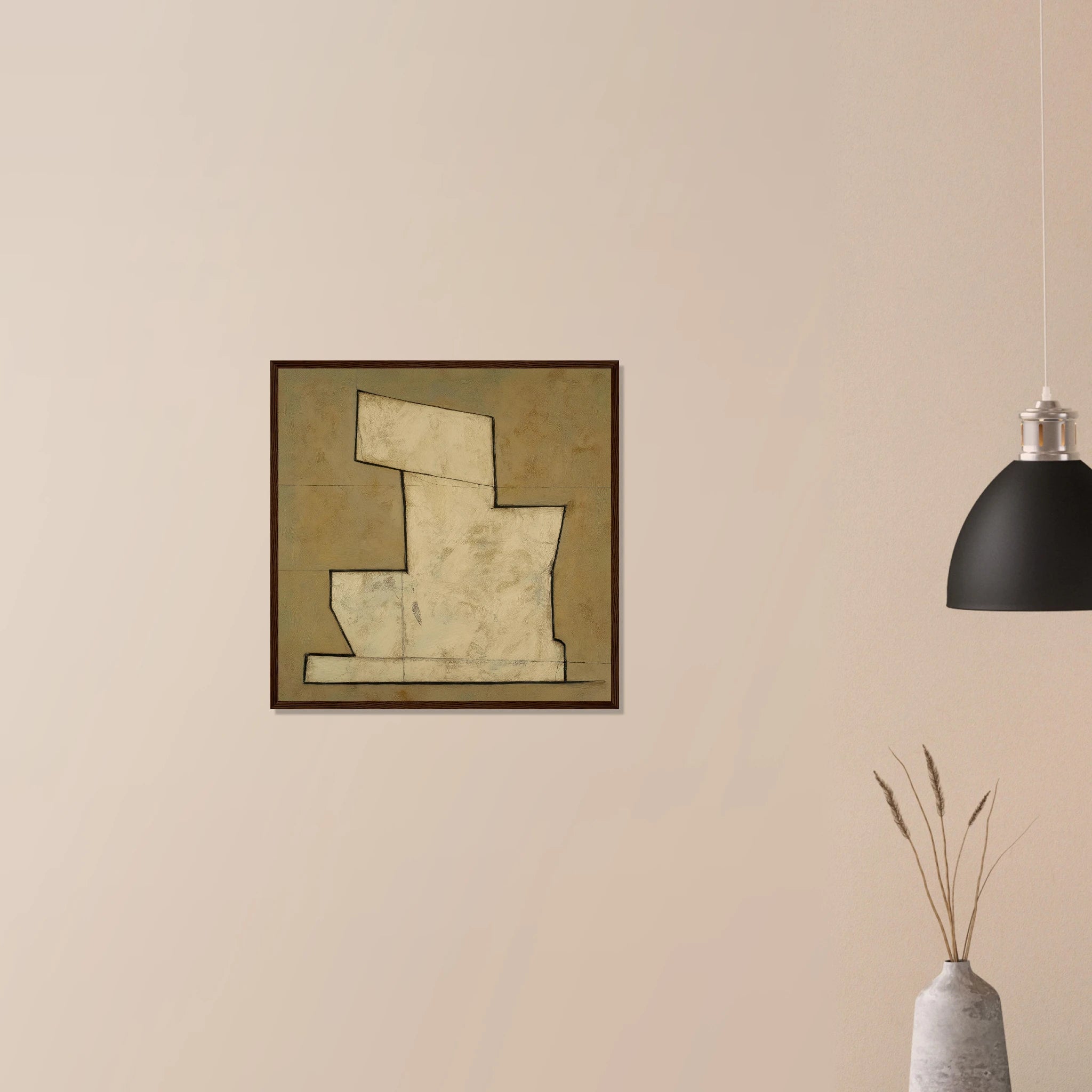 Stepped Form abstract wall decor in dark wood frame on neutral wall, understated beige step pattern
