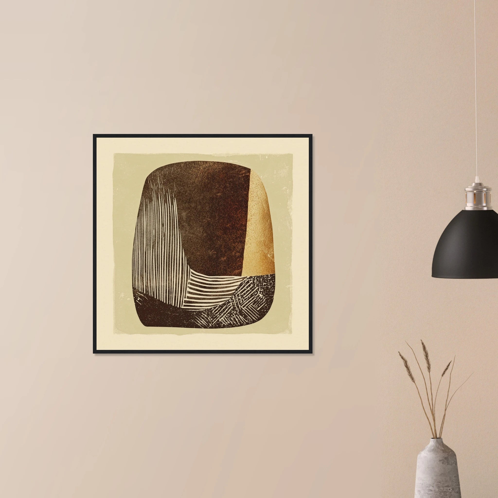 Carved Vessel modern decor in natural wood frame on neutral wall, sculpted clay form in warm neutral tones
