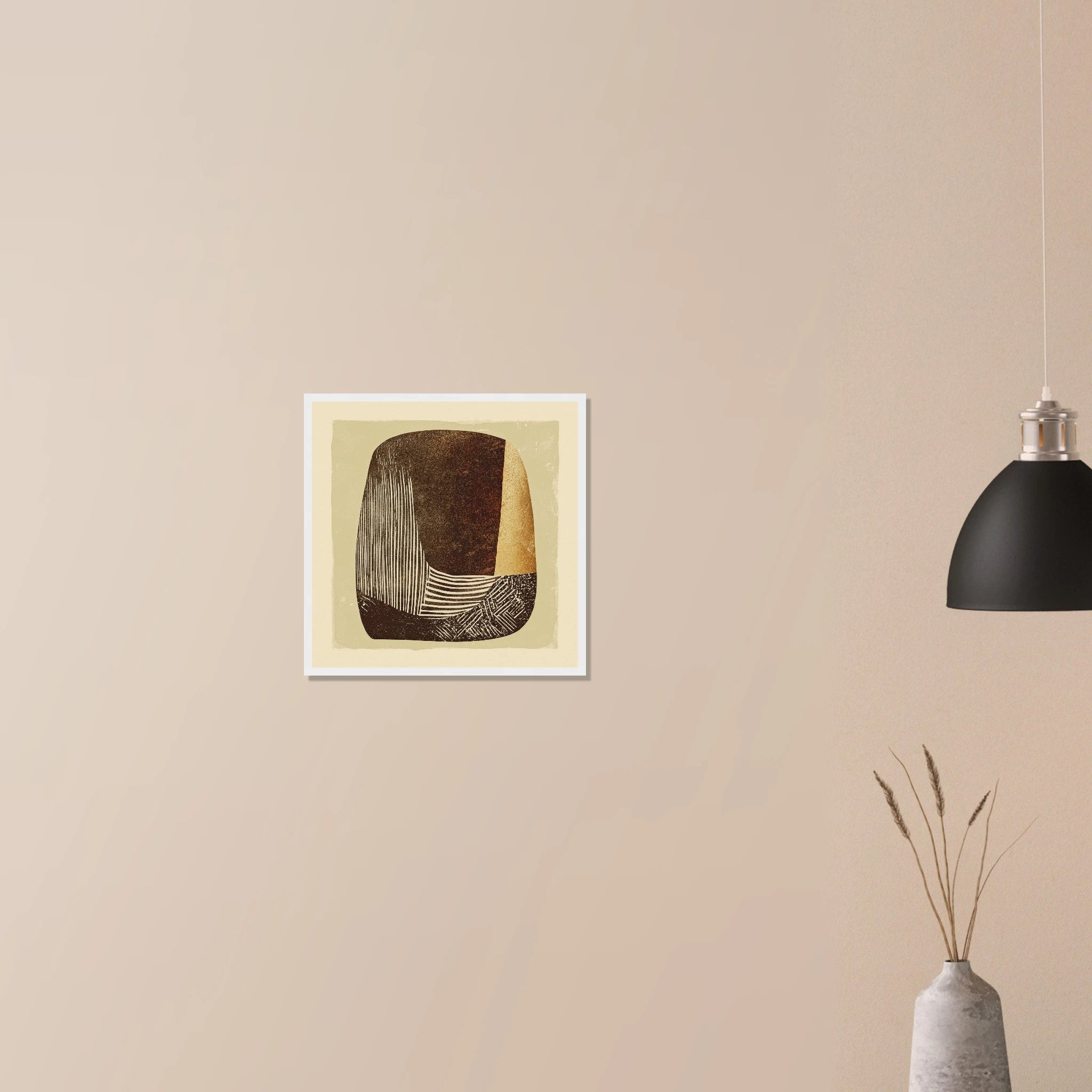 Carved Vessel minimalist print in dark wood frame on neutral wall, textured rust and beige vessel silhouette