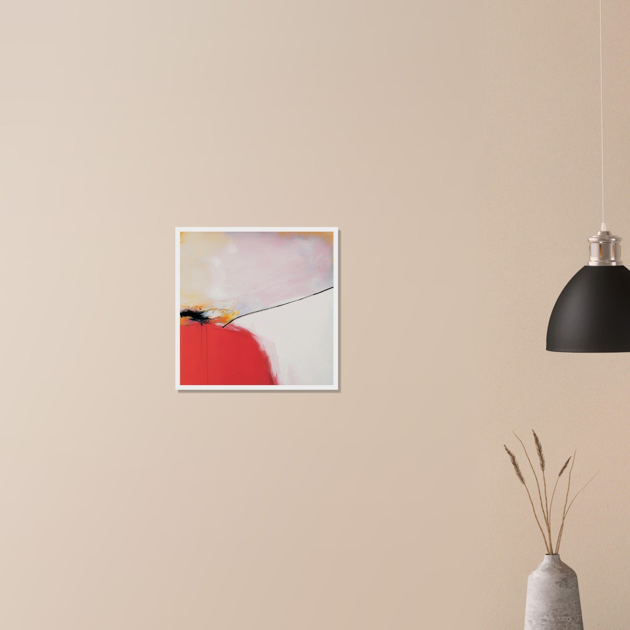 Controlled Burn modern fire inspired artwork in dark wood frame on neutral wall in modern home, rich red field with diagonal break