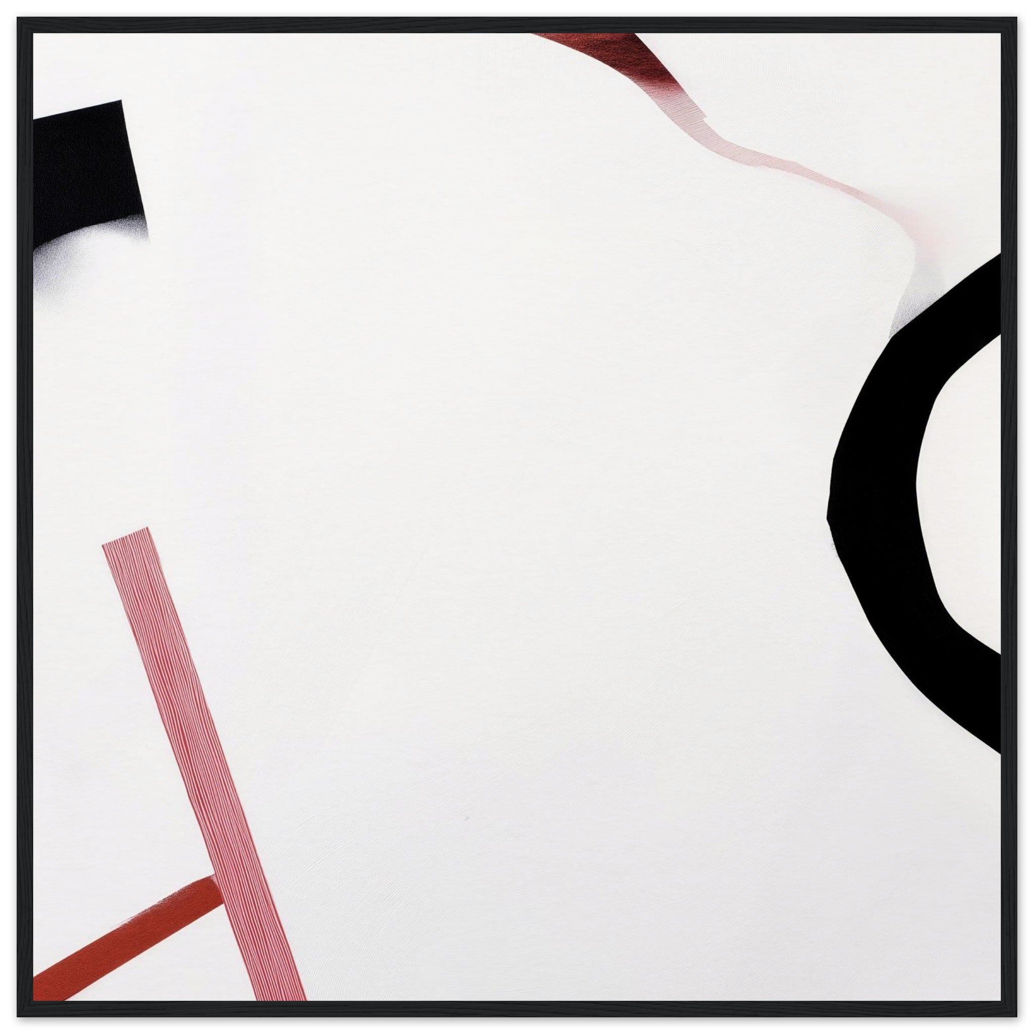 Survey Flags radical white field abstract with red ribbon marks and black geometric forms pushed to canvas edges, minimalist statement wall art