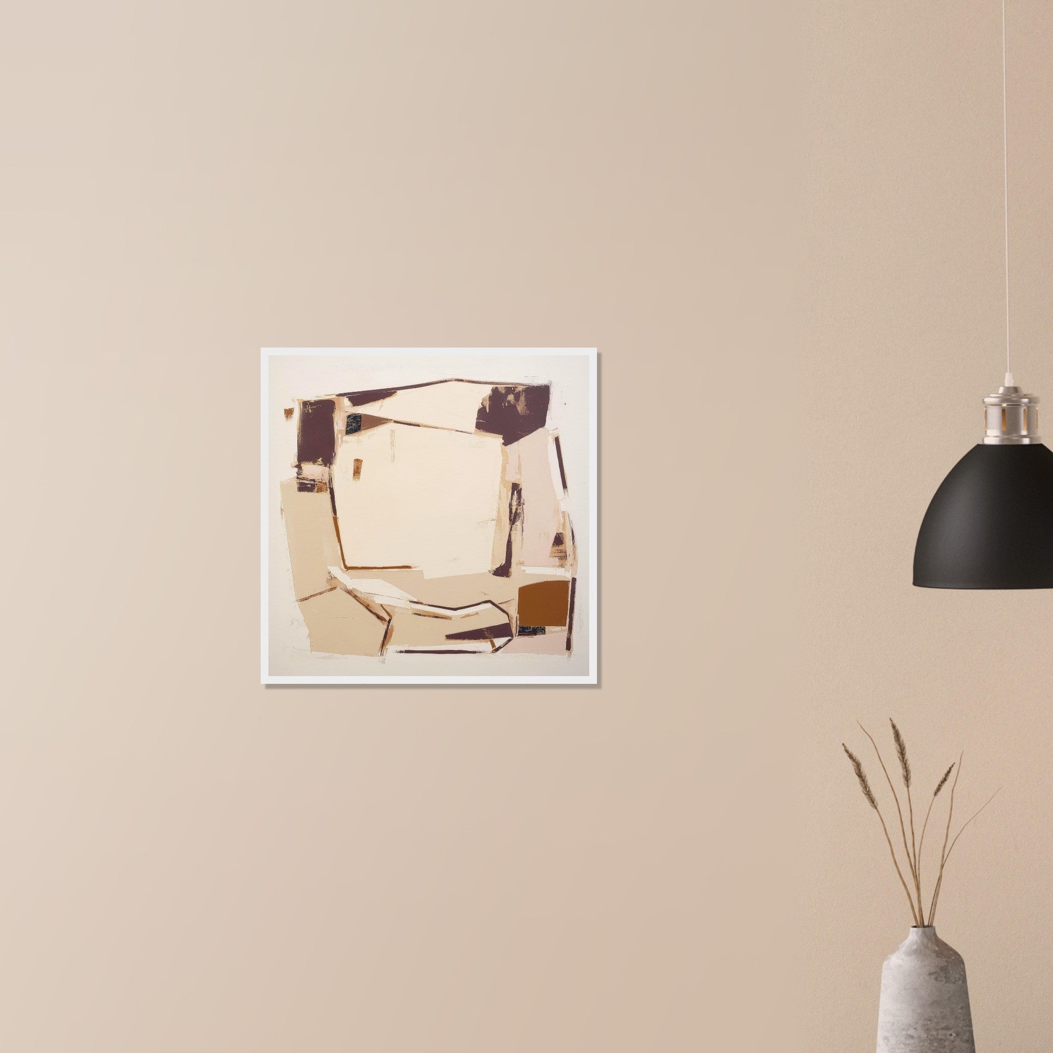 Packing House large scale warehouse inspired abstract in white frame on neutral wall in modern home, geometric lines and soft earth tones