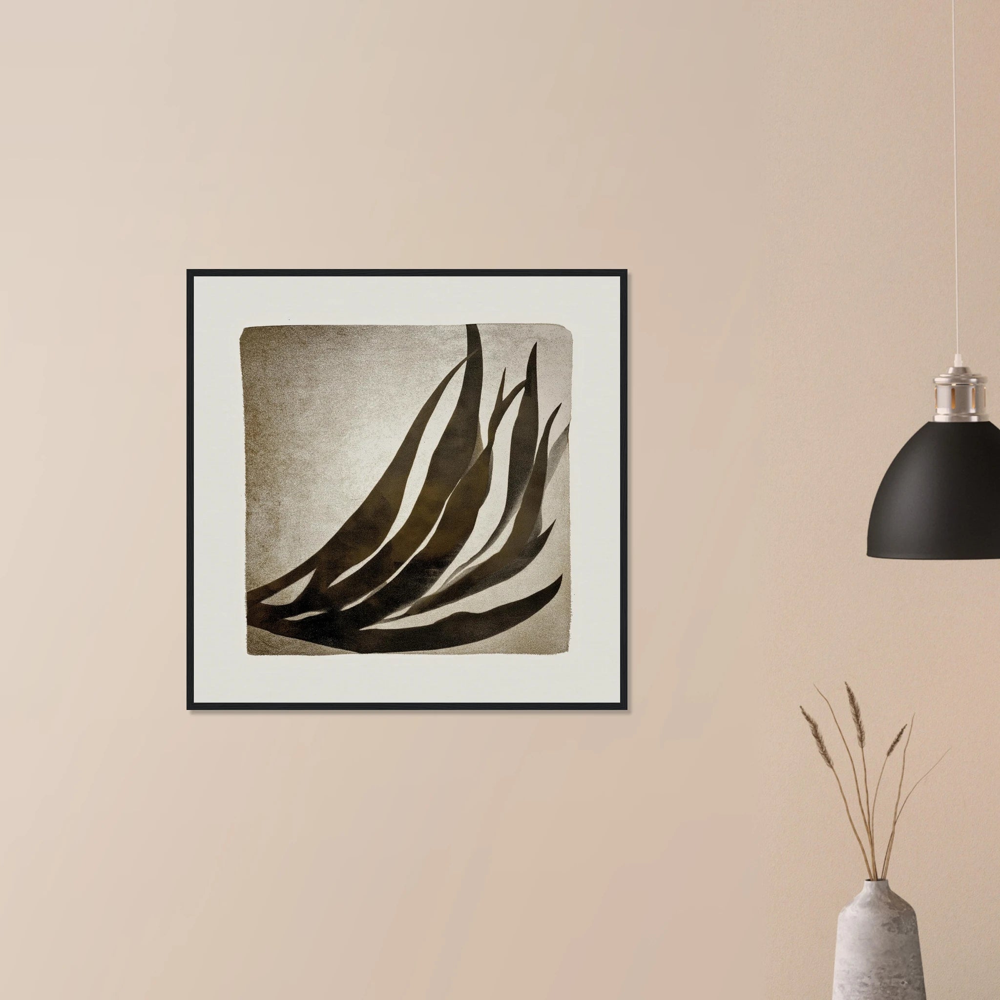 Palm Frond Shadow Study abstract neutral artwork in black frame on neutral wall, soft sand palm silhouette