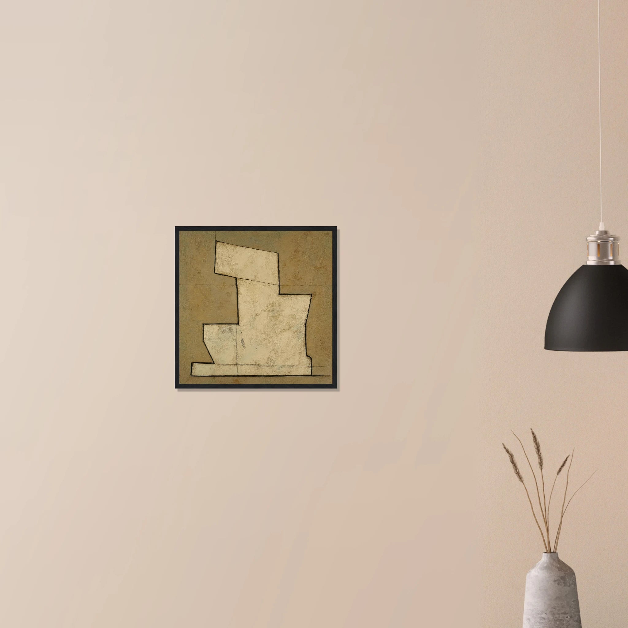Stepped Form contemporary abstract print in dark wood frame on neutral wall, layered cream and sand geometric blocks