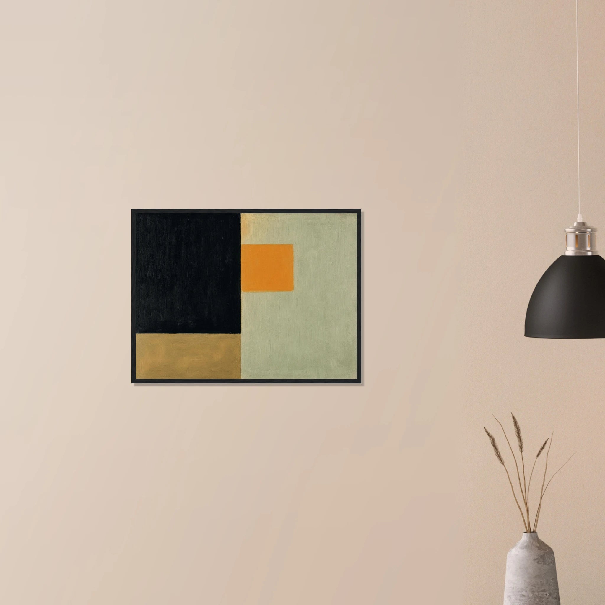Clarity No. 07 The Distillation contemporary neutral artwork in natural wood frame on neutral wall, soft beige geometry