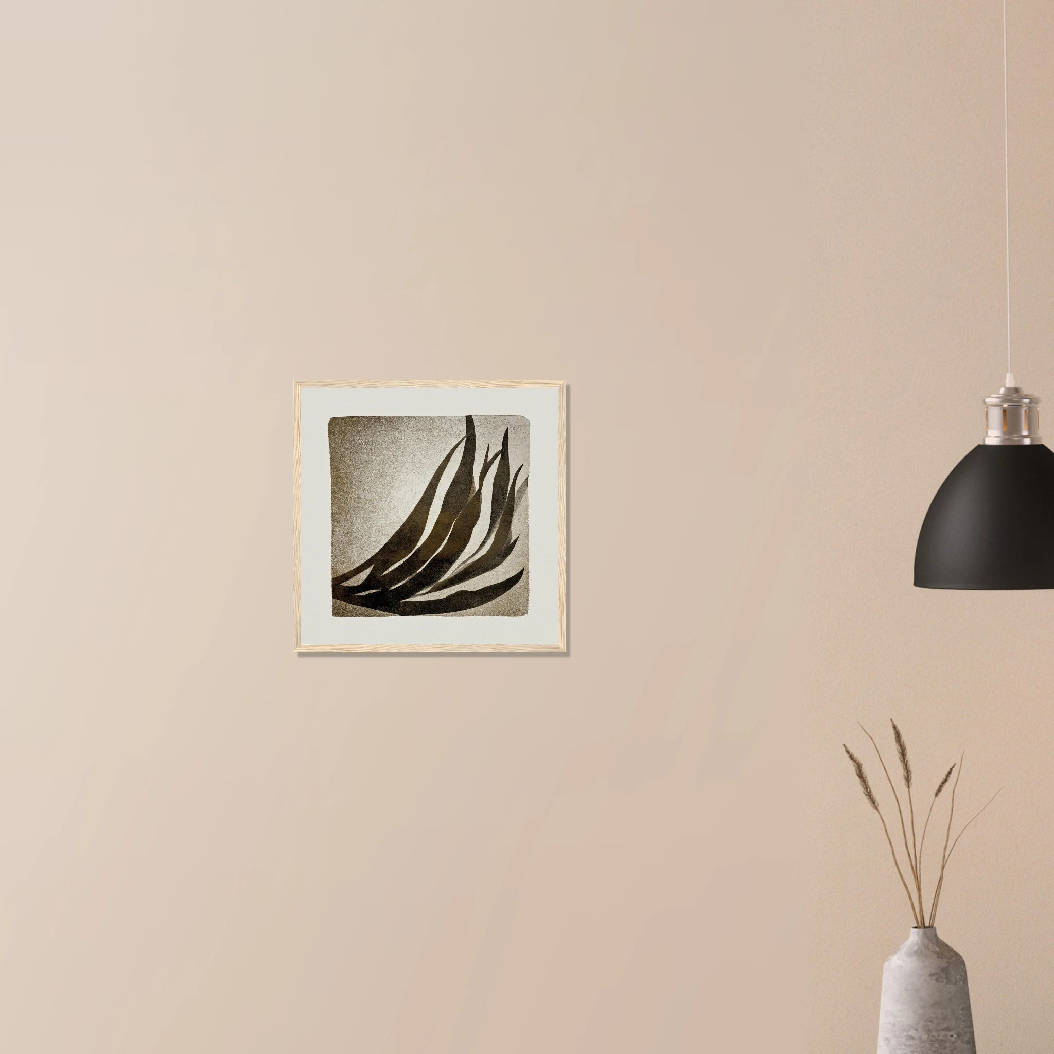 Palm Frond Shadow Study modern abstract decor in natural wood frame on neutral wall, layered beige and charcoal tones