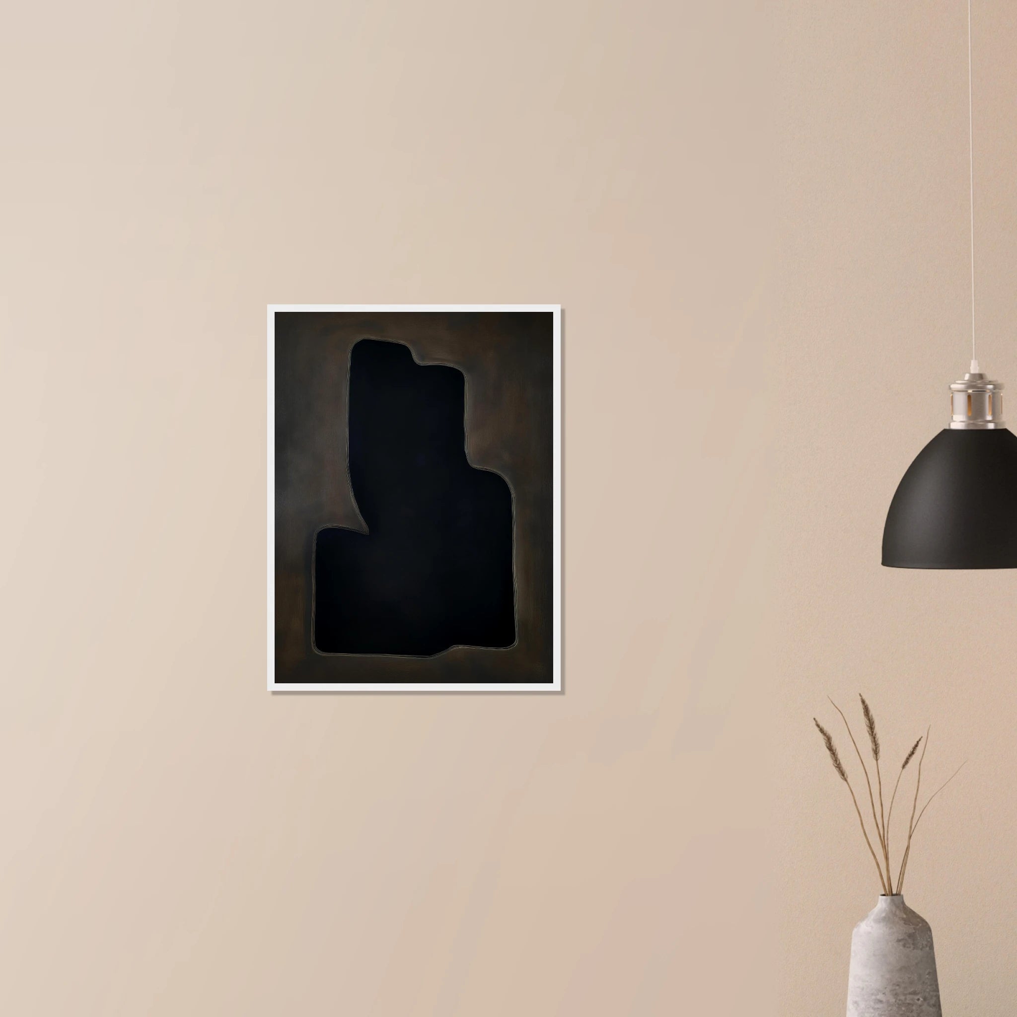 Dark Vessel modern minimalist print in natural wood frame on neutral wall, earthy clay and charcoal palette