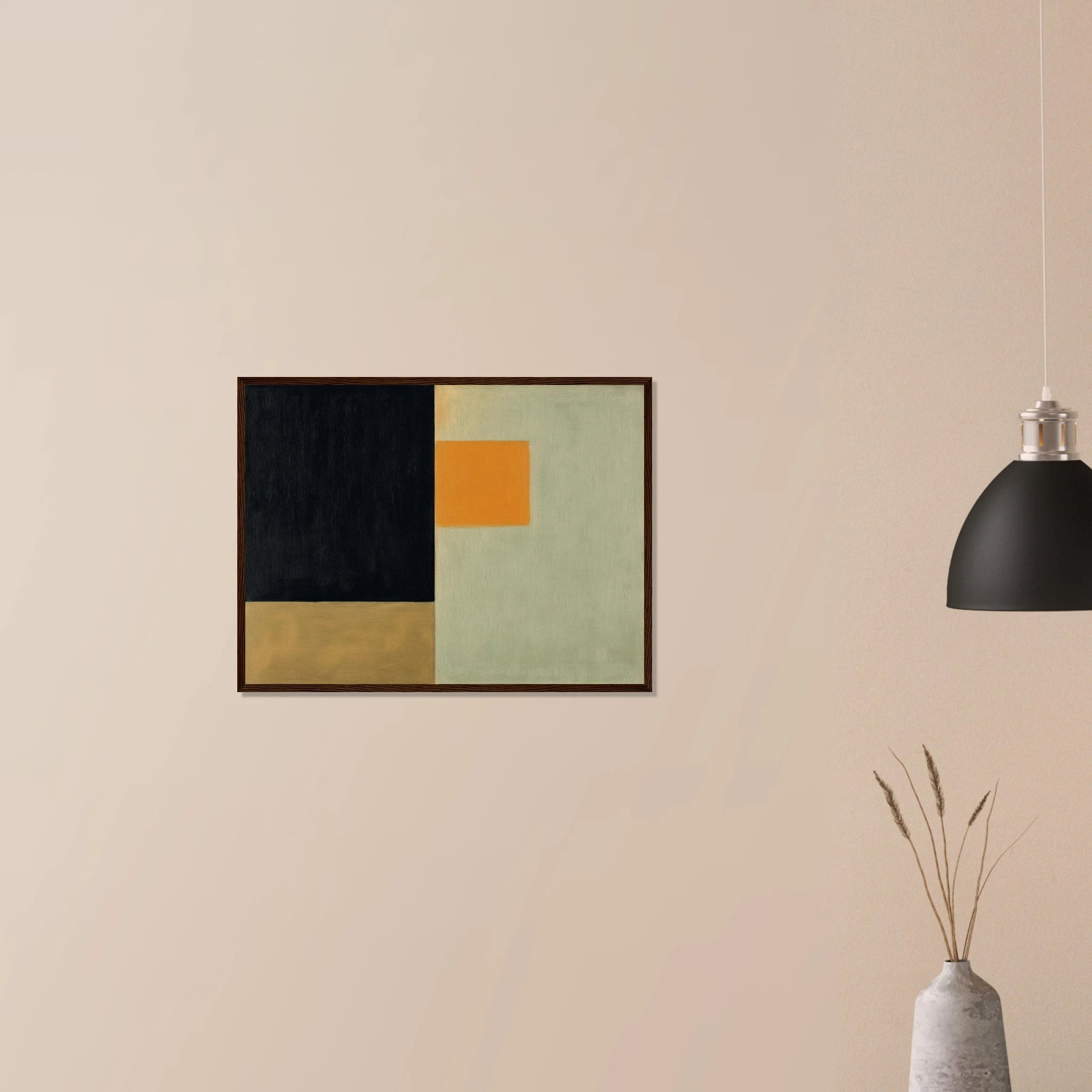 Clarity No. 07 The Distillation minimalist artwork in black frame on neutral wall, beige and grey abstract geometry