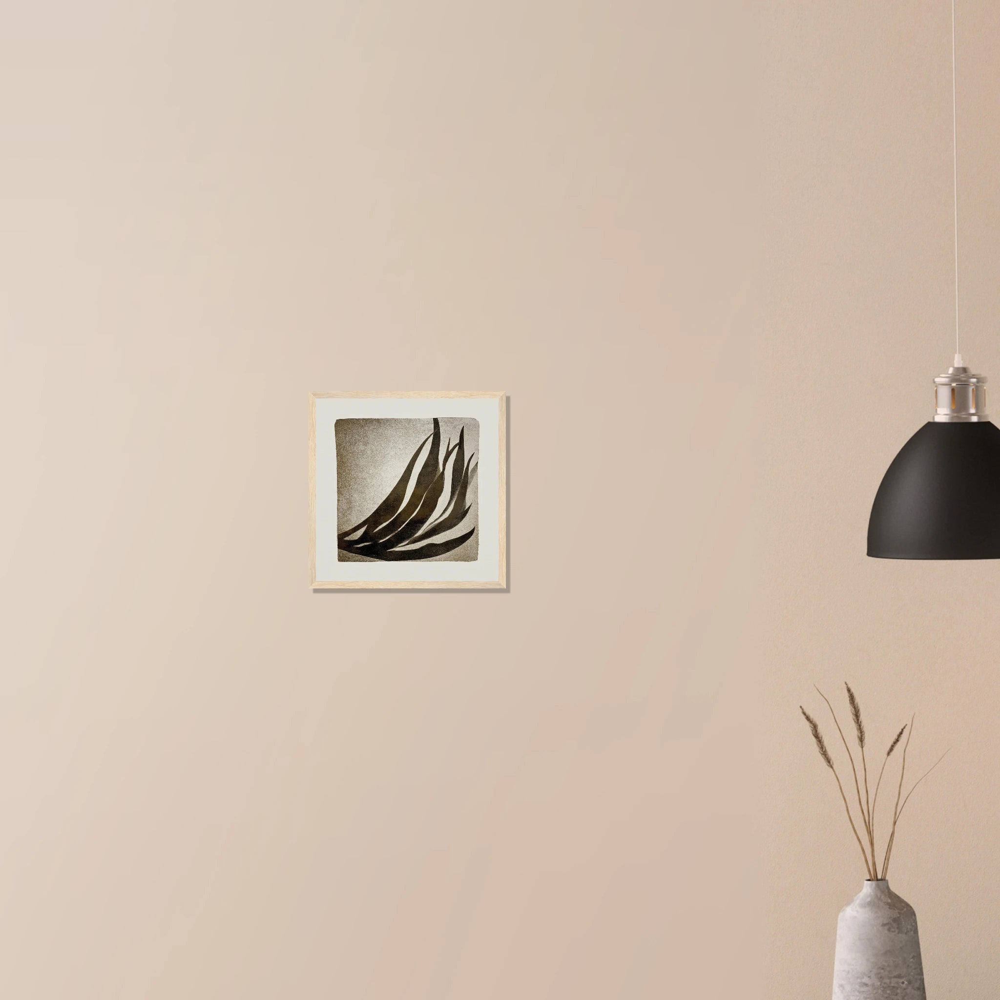Palm Frond Shadow Study neutral wall art in dark wood frame on neutral wall, soft grey and sand leaf silhouette