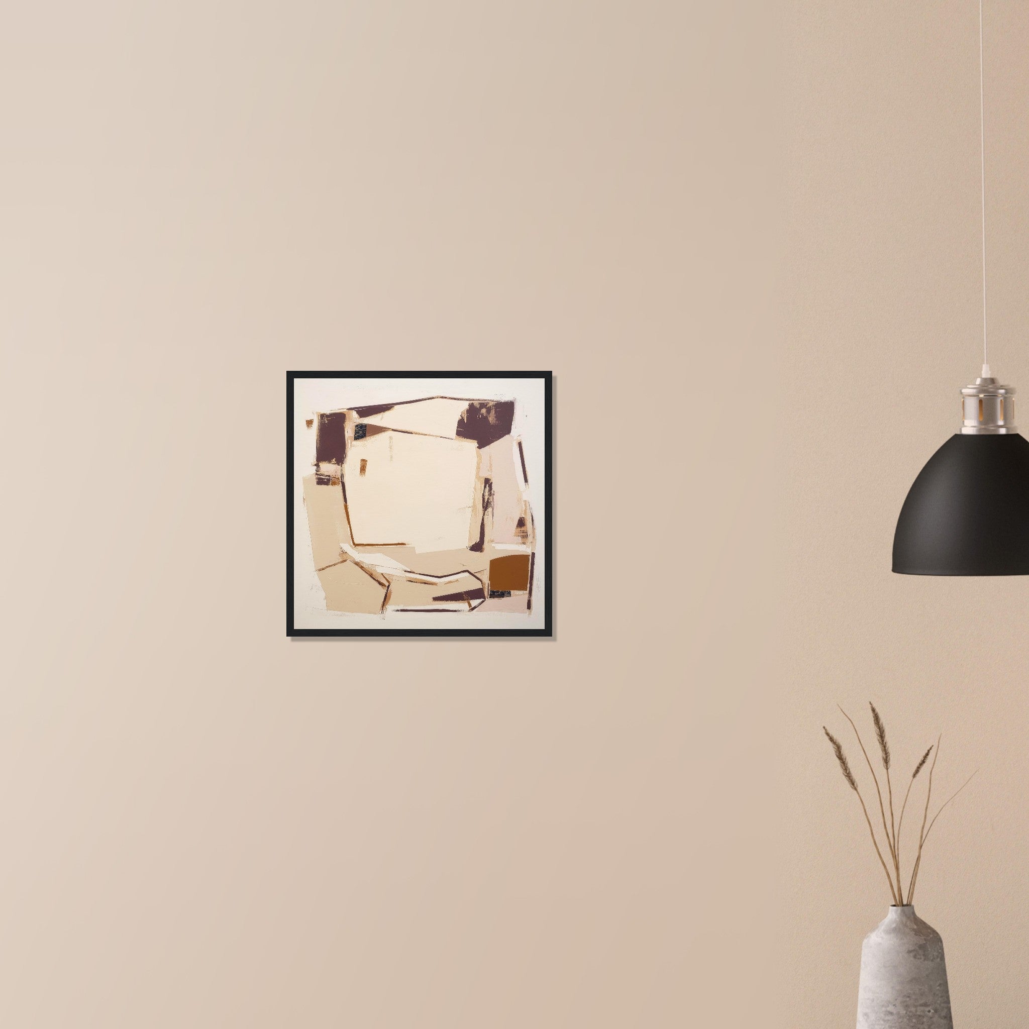 Packing House contemporary working landscape art in wood frame on neutral wall in modern home, clean geometry and soft textured ground