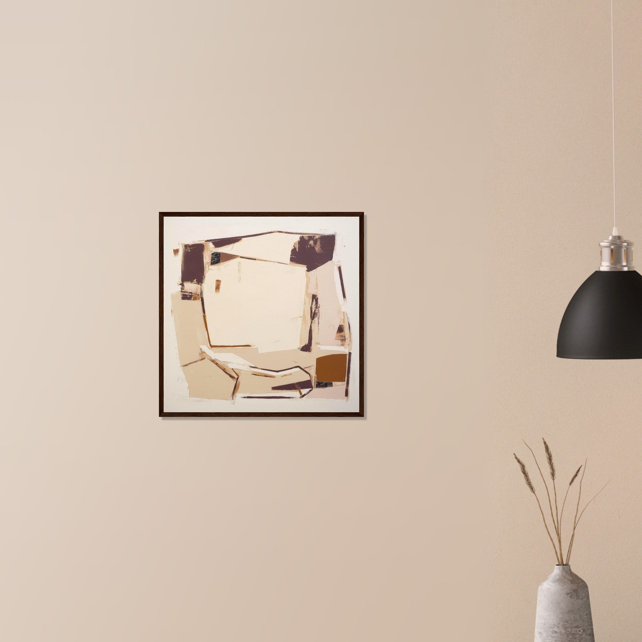 Packing House structured warehouse wall art in dark wood frame on neutral wall in modern home, warm neutral blocks and crisp lines