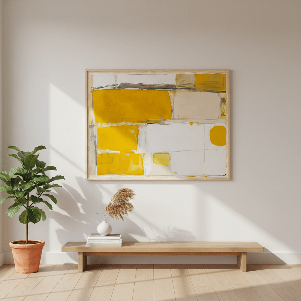 Mustard Field Abstract modern abstract print with ochre and muted green fields, atmospheric farmland inspired composition