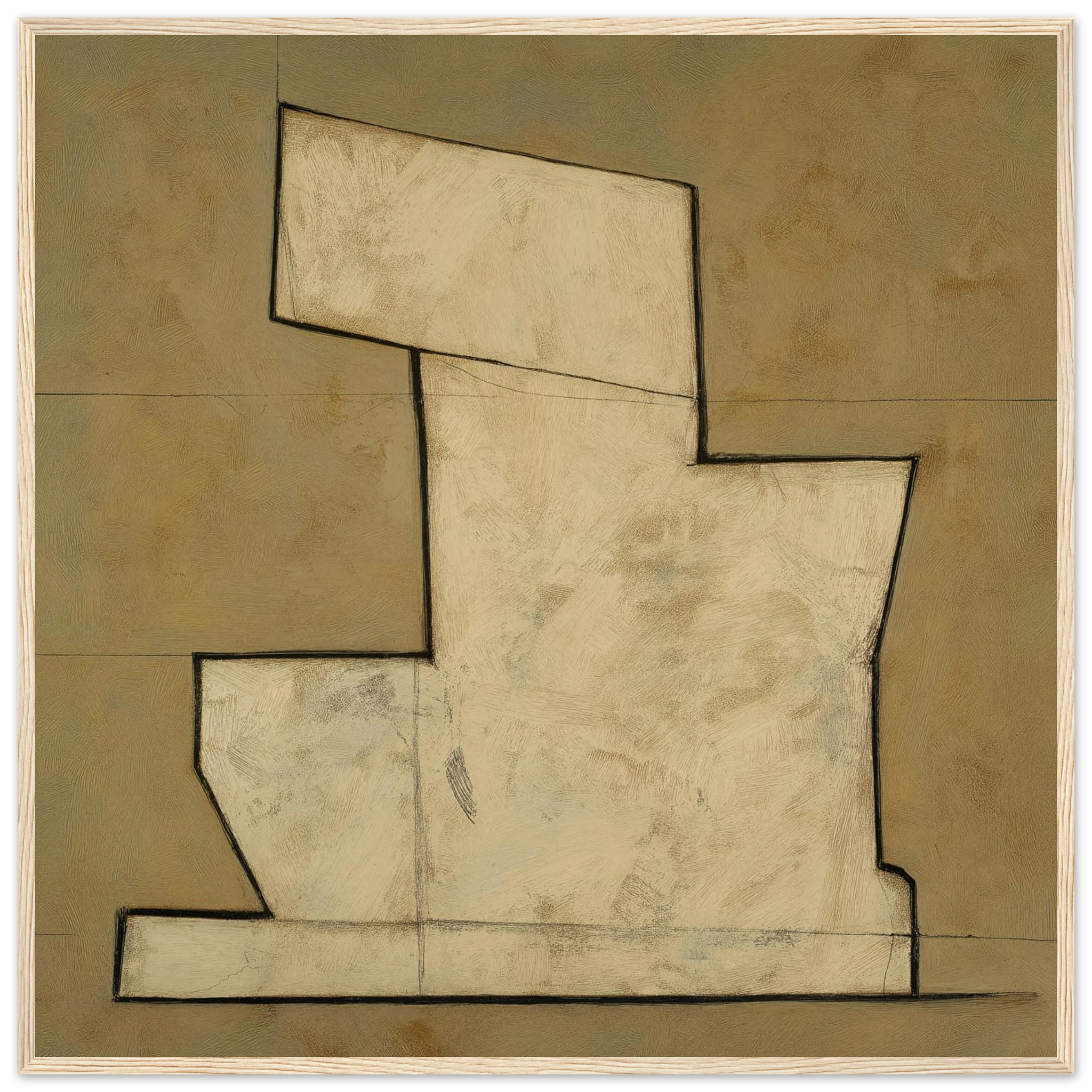 Stepped Form abstract wall art in warm beige and soft taupe, geometric tiered shape with minimalist architectural lines