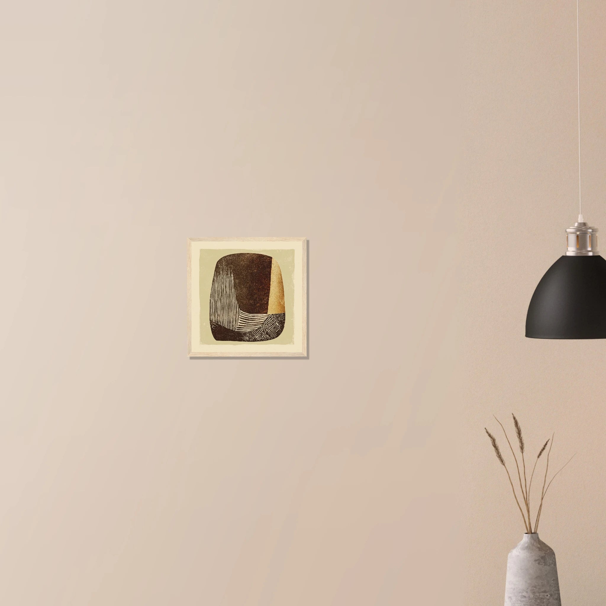 Carved Vessel contemporary wall art in natural wood frame on neutral wall, warm clay and sand palette with sculptural form