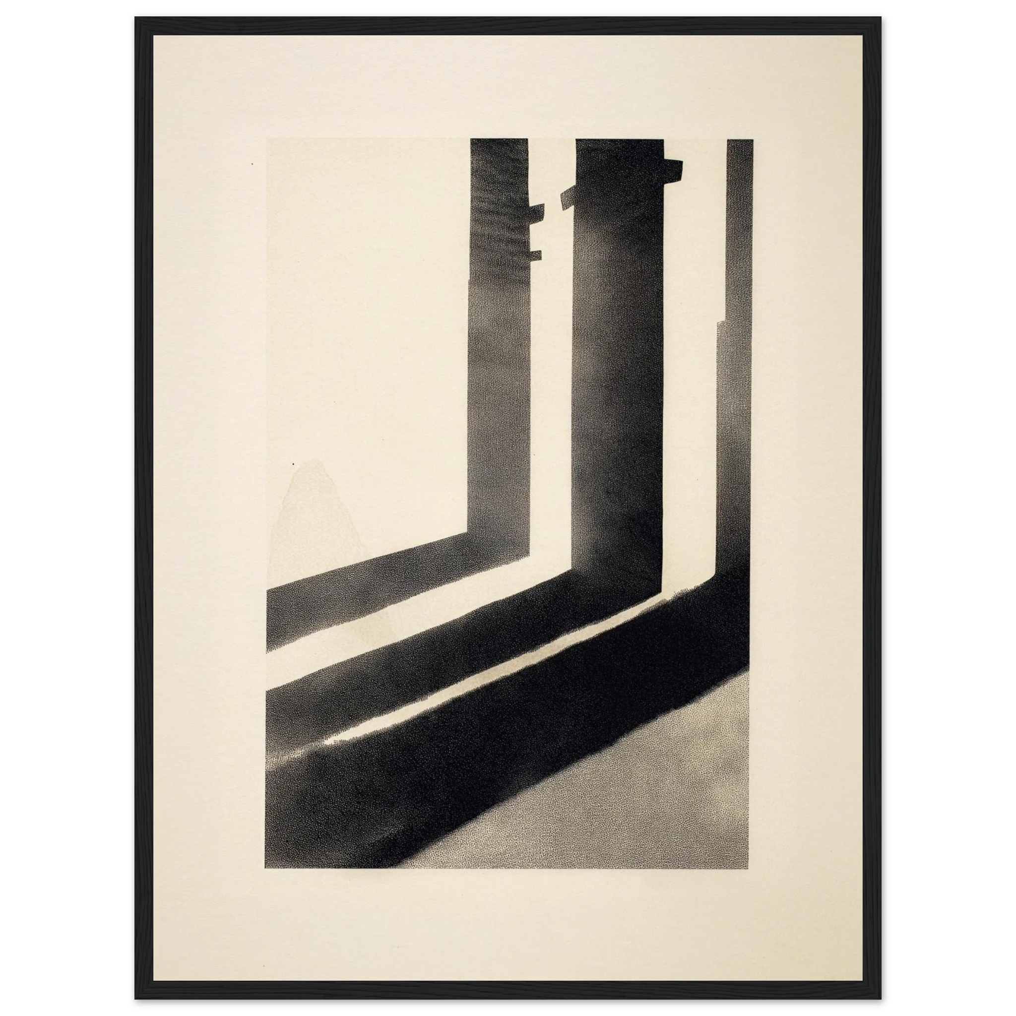 Pillar Shadows abstract architectural wall art in warm beige and deep charcoal, vertical column silhouettes with dramatic light contrast