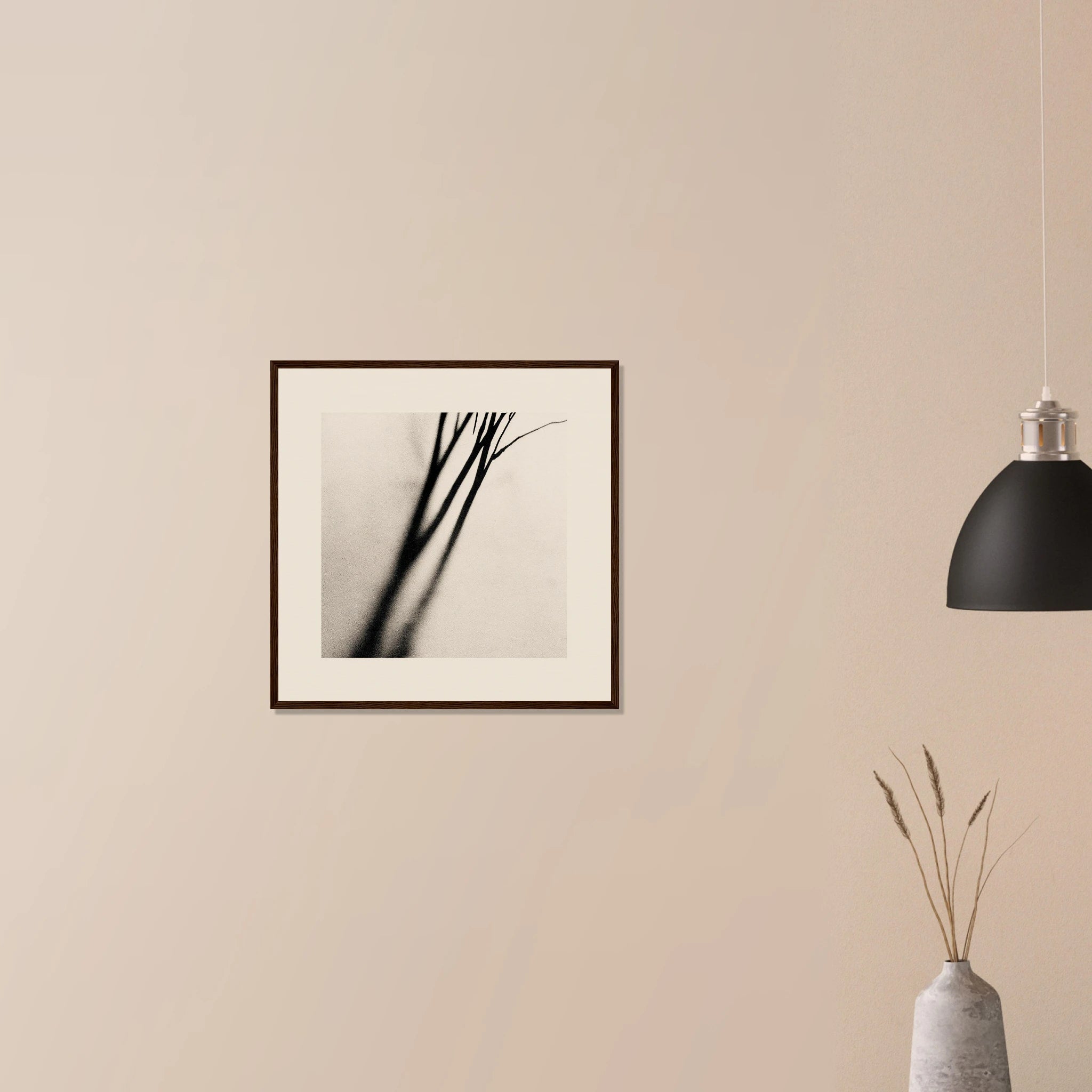 Botanical Shadow Study modern minimalist print in natural wood frame on neutral wall, airy foliage silhouette design
