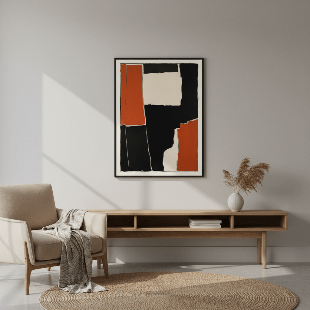 Interlocking Rust I modern abstract print with burnt orange and black interlocking shapes, bold industrial composition