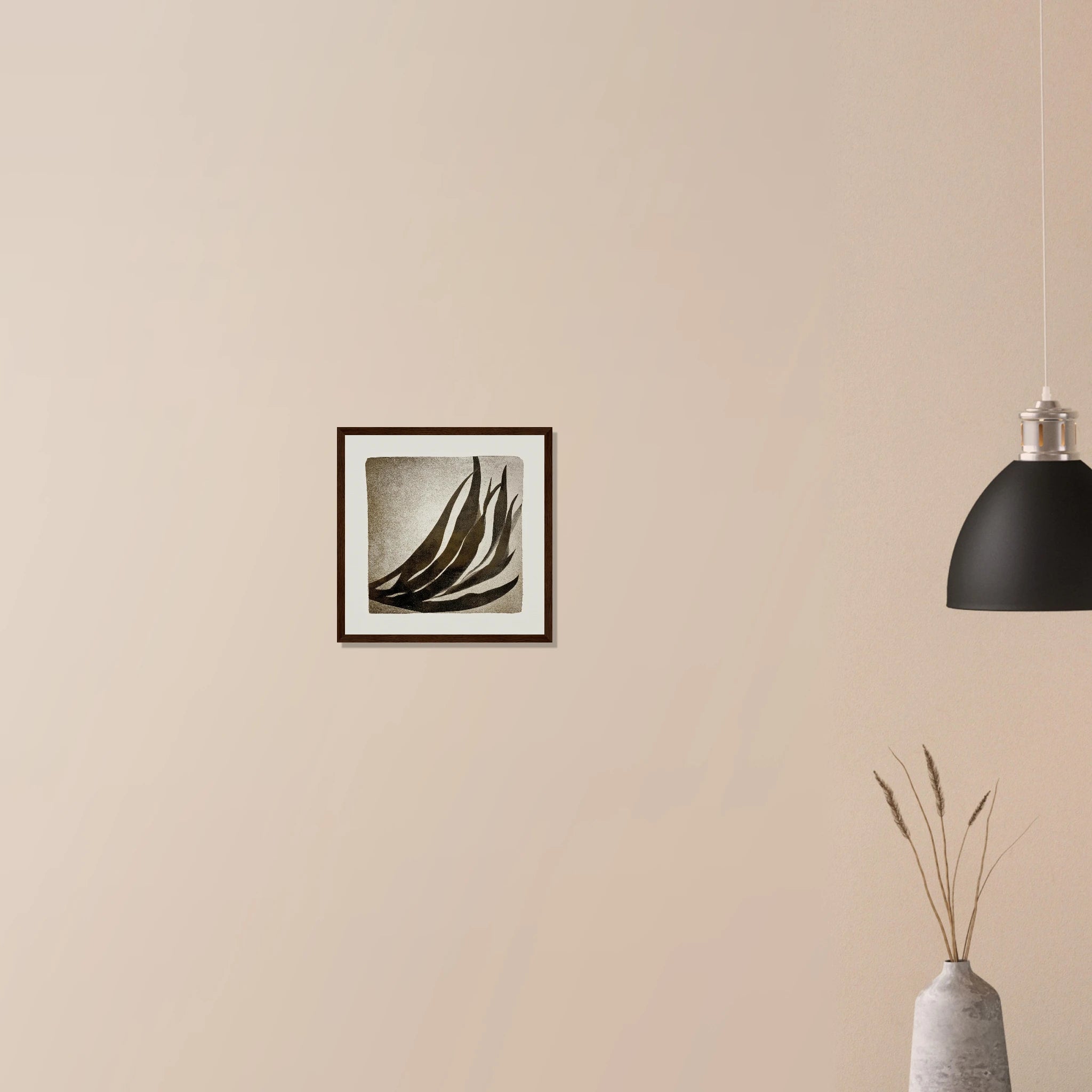 Palm Frond Shadow Study abstract minimalist art in black frame on neutral wall, bold tropical shadow design
