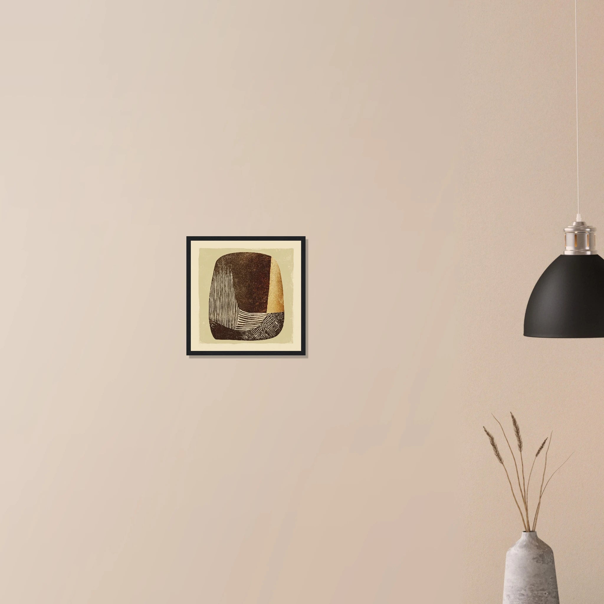 Carved Vessel modern abstract artwork in black frame on neutral wall, bold carved ceramic form in earthy tones