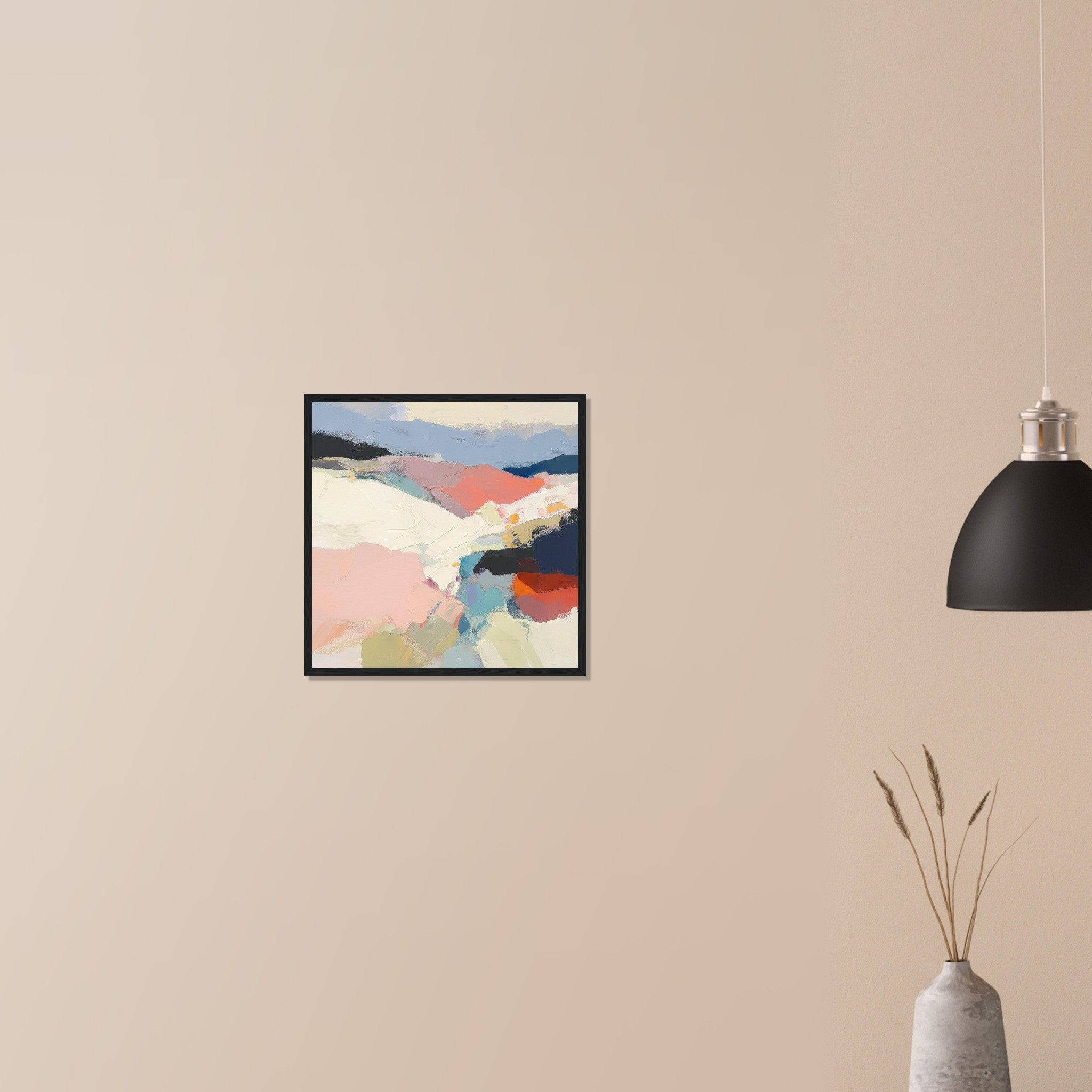 Piedmont sophisticated valley artwork in wood frame on neutral wall in modern home, cream alluvial band and receding slate peaks