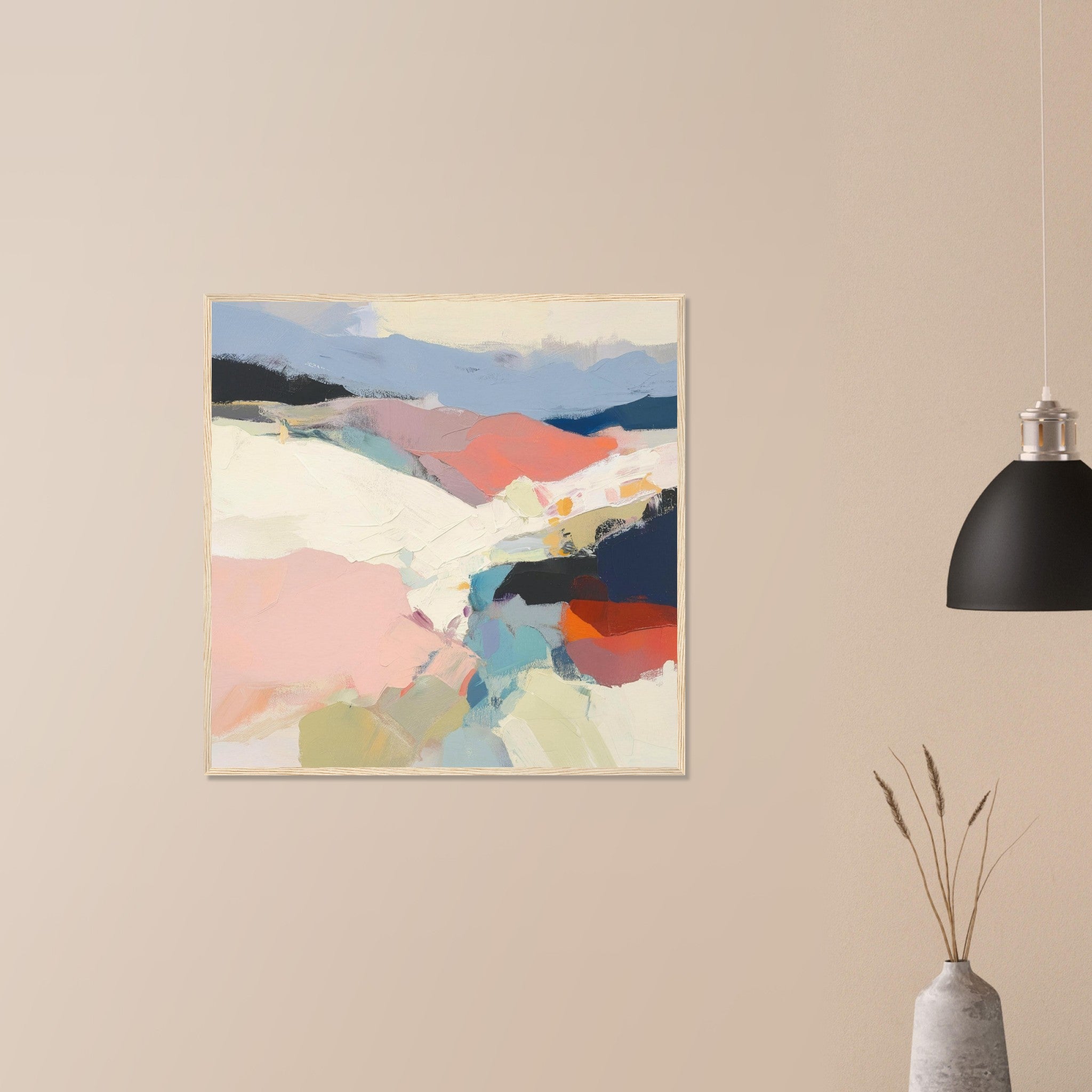 Piedmont atmospheric color field landscape in white frame on neutral wall in modern home, coral hills and soft blue grey sky