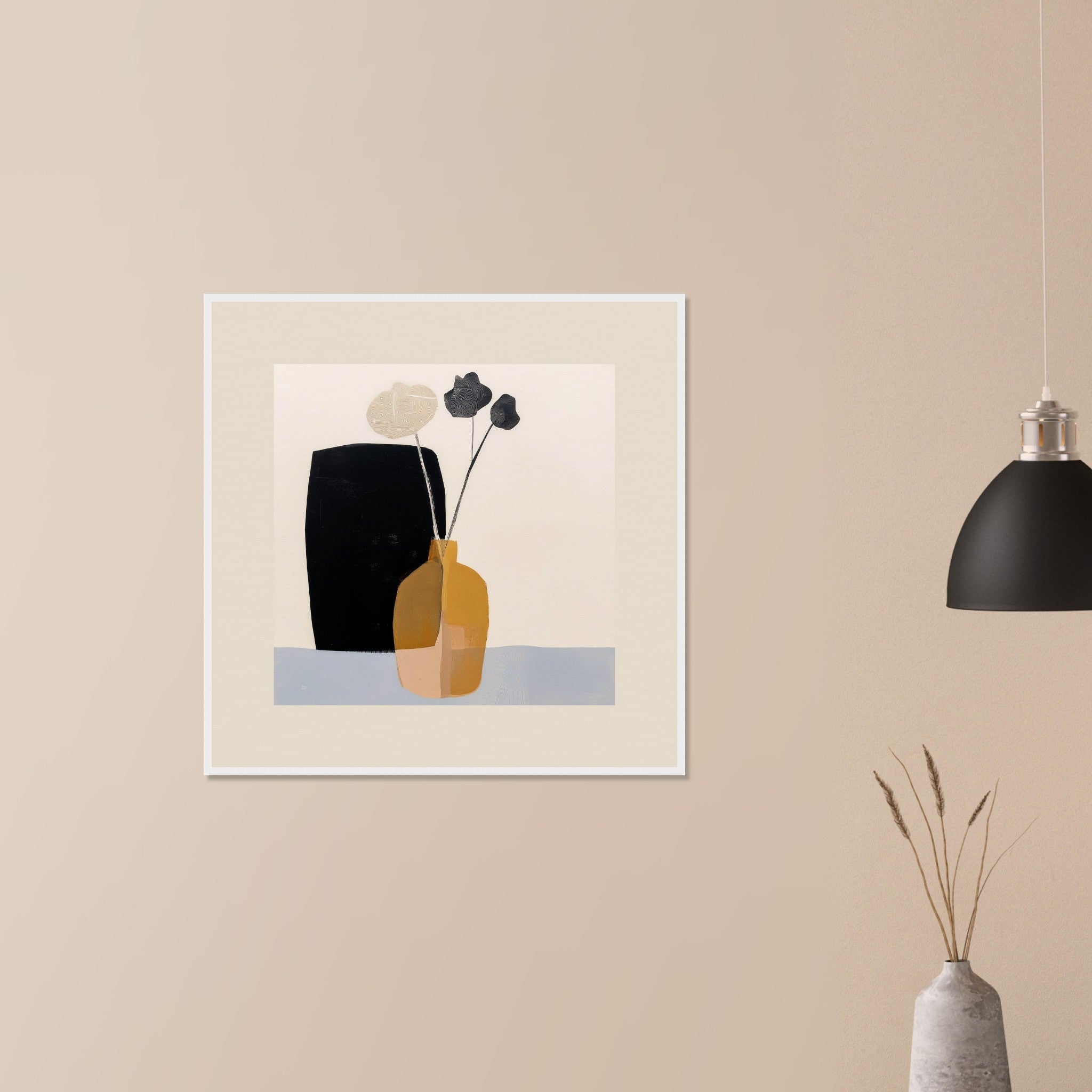 Dry Arrangement warm neutral botanical art in white frame on neutral wall in modern home, ochre vase and dried stems with graphic shadow