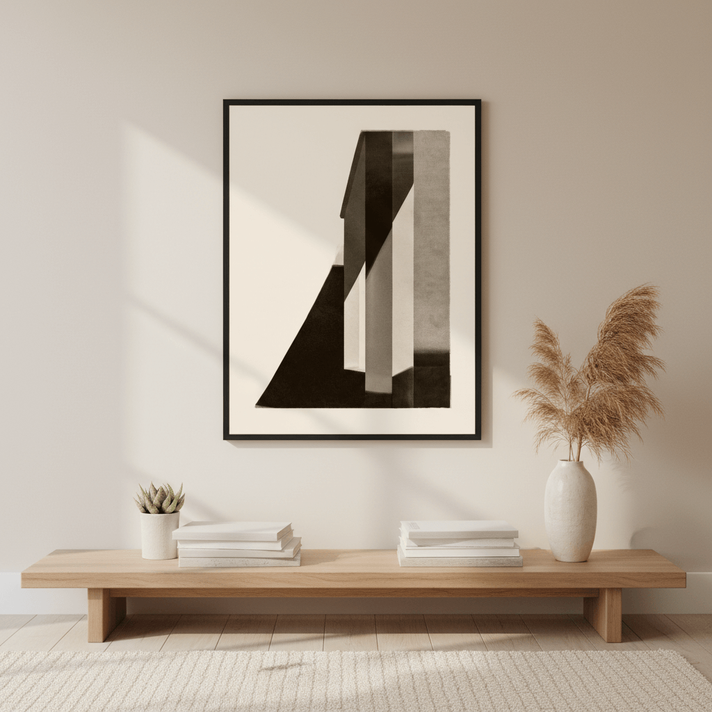 Corner Shadow modern minimalist print with cream and black geometric planes, interior light study composition