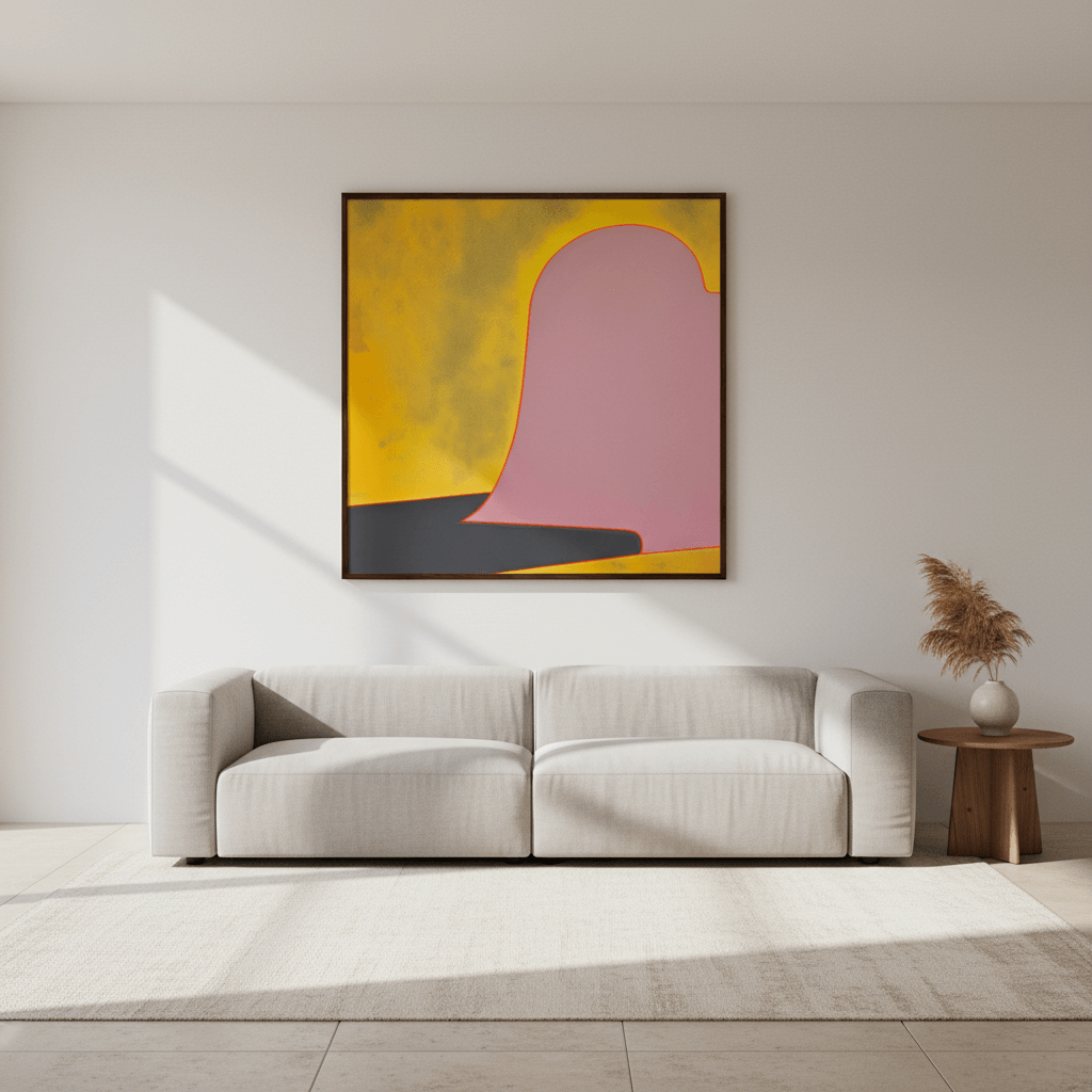 Colusa at Noon modern gold and mauve abstract print with smooth central mass and crimson contour line, dramatic minimalist wall art