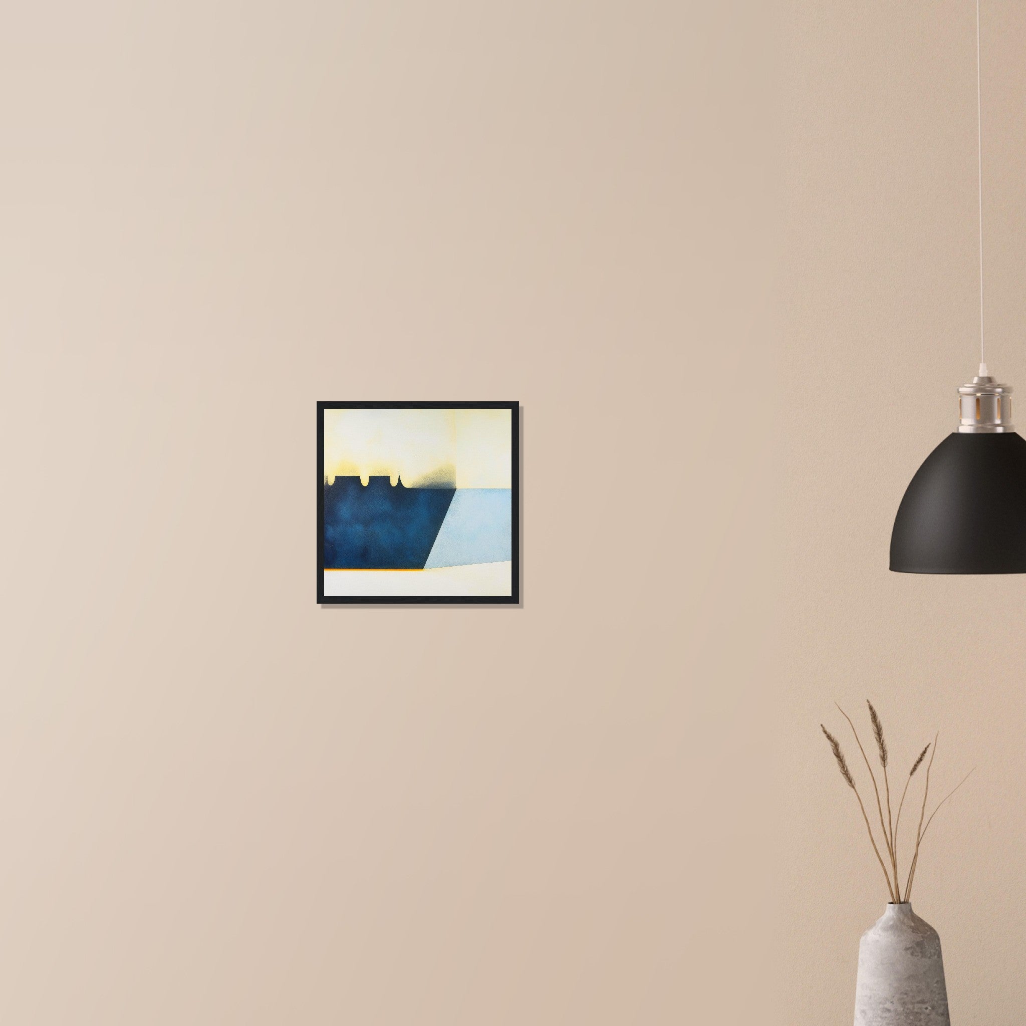 Reservoir Cut architectural blue abstract artwork in wood frame on neutral wall in modern home, dark mass with golden spillway accents