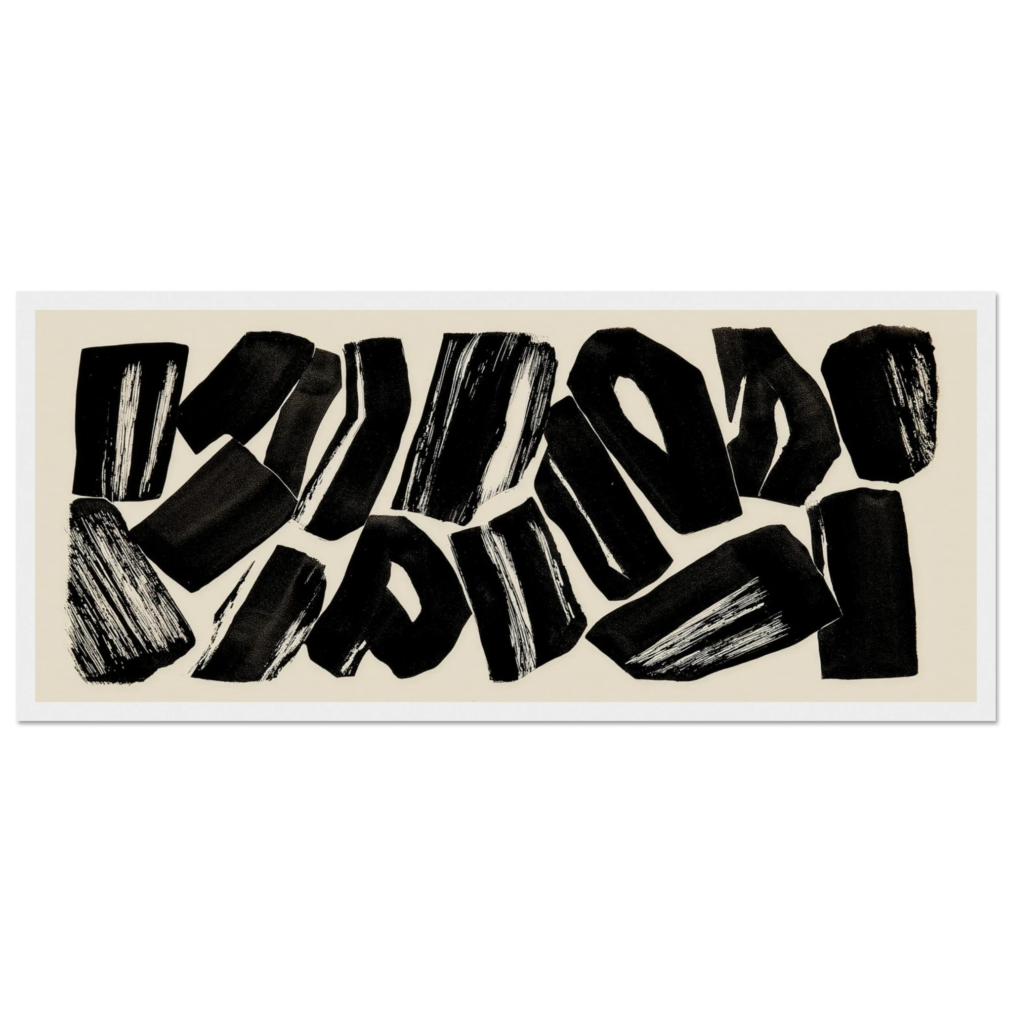 Char Study bold black and cream abstract wall art with scattered charred timber forms, wide horizontal composition with wood grain texture