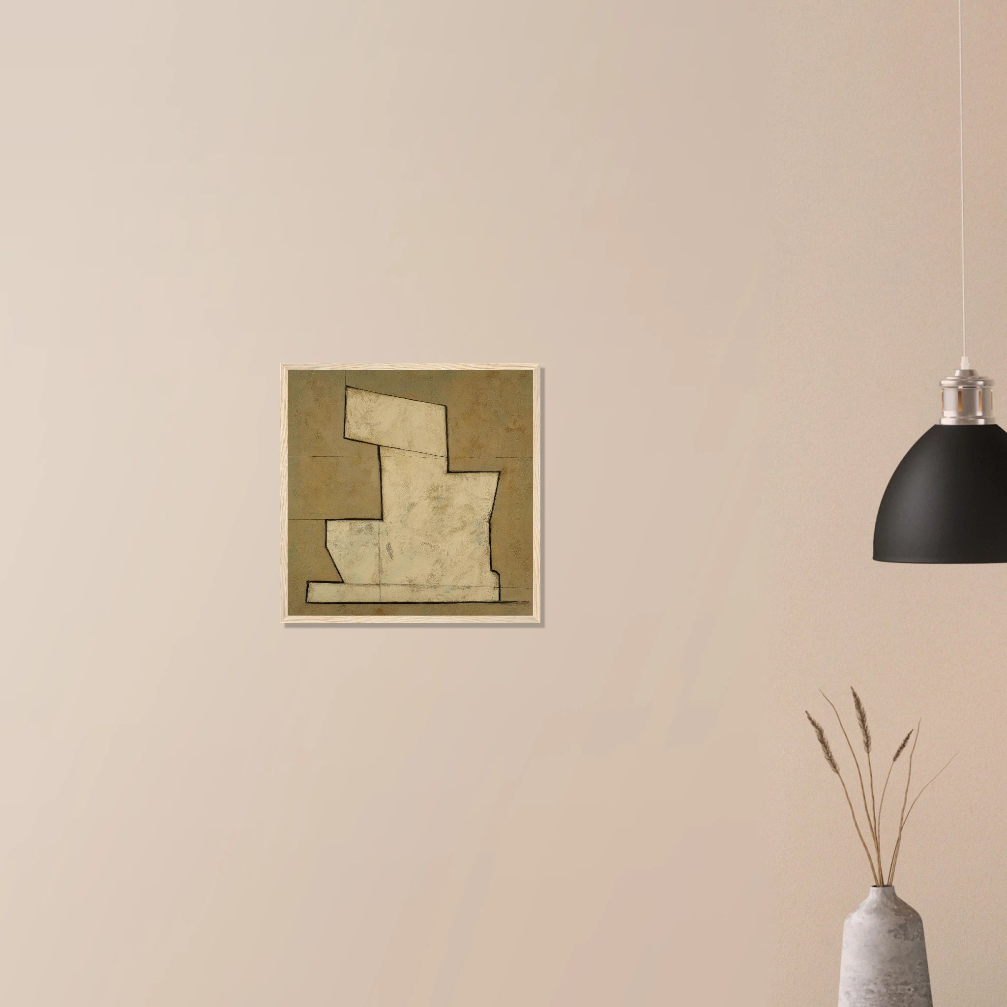 Stepped Form neutral abstract art in white frame on neutral wall, architectural tiered shape in warm cream tones