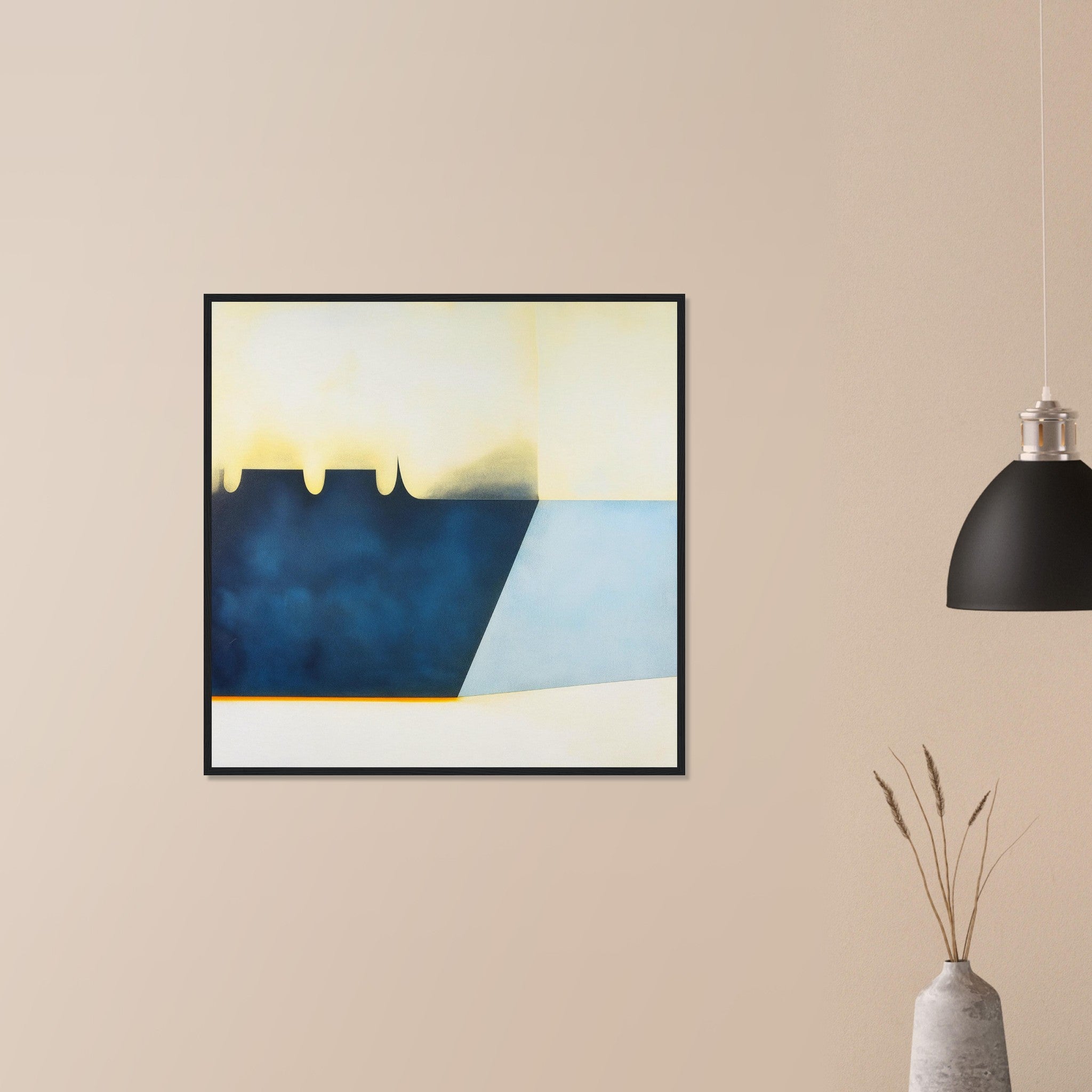 Reservoir Cut sophisticated navy and sky blue print in white frame on neutral wall in modern home, minimalist dam inspired composition