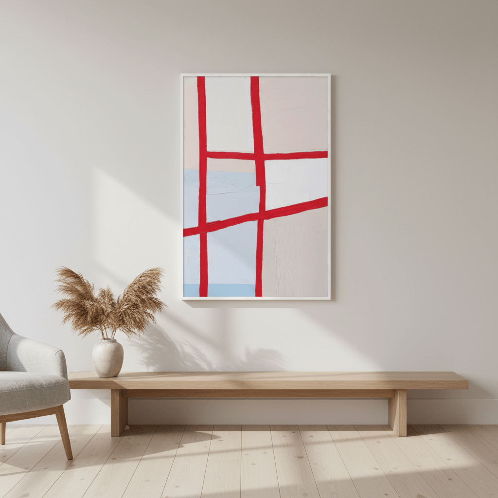 Orchard Plat modern red line abstract print with hand drawn grid over muted orchard tones, structured yet organic composition