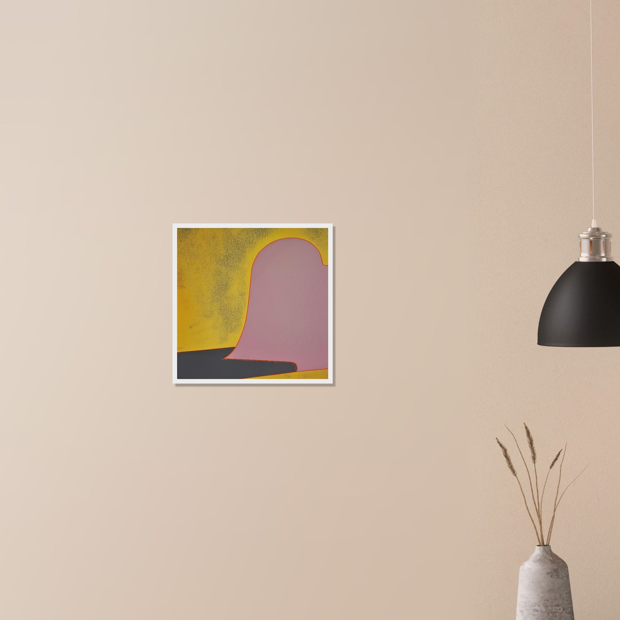 Colusa at Noon contemporary gold abstract print in natural wood frame on neutral wall in modern home, monumental shape with warm palette