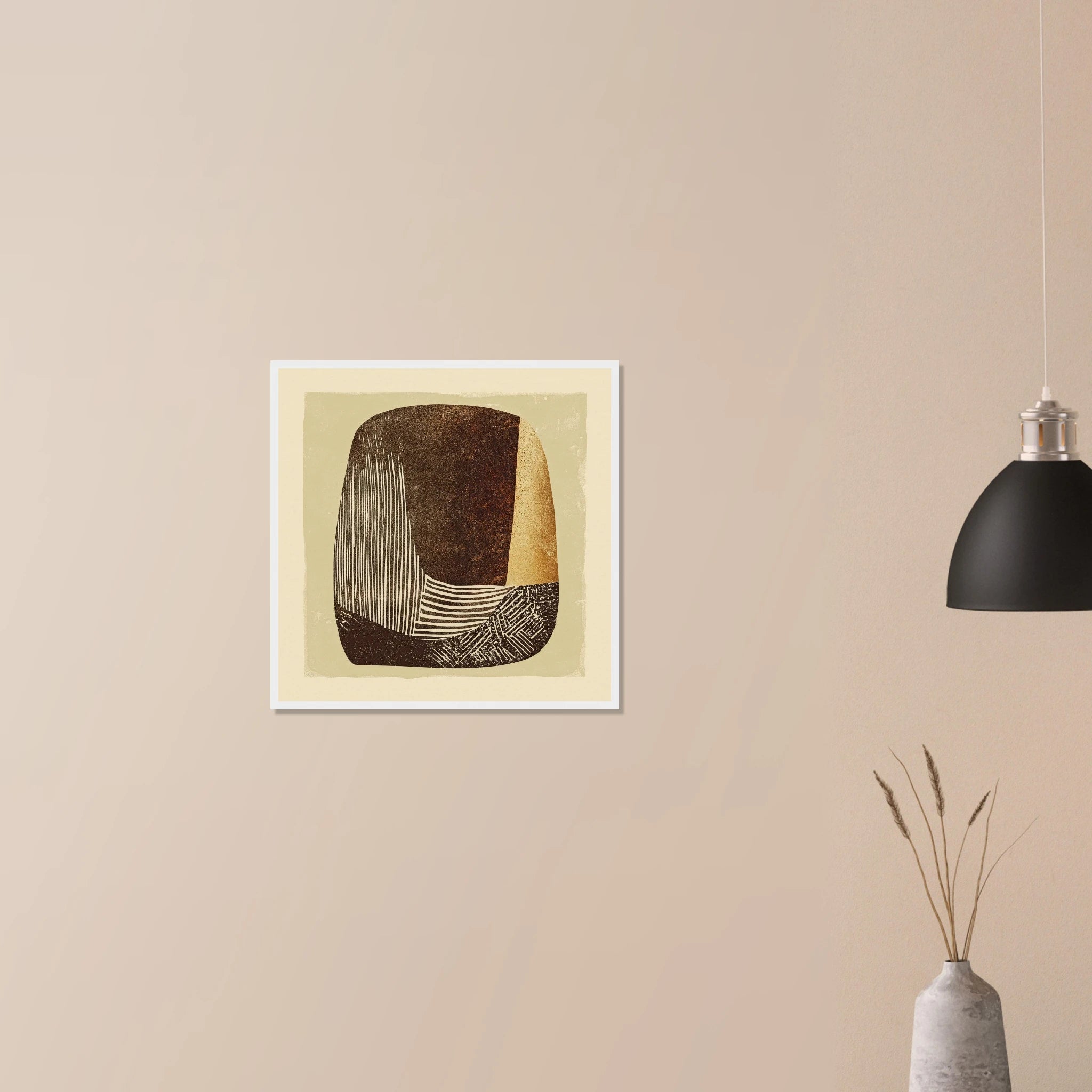 Carved Vessel abstract wall decor in dark wood frame on neutral wall, earthy rust vessel with subtle carved lines