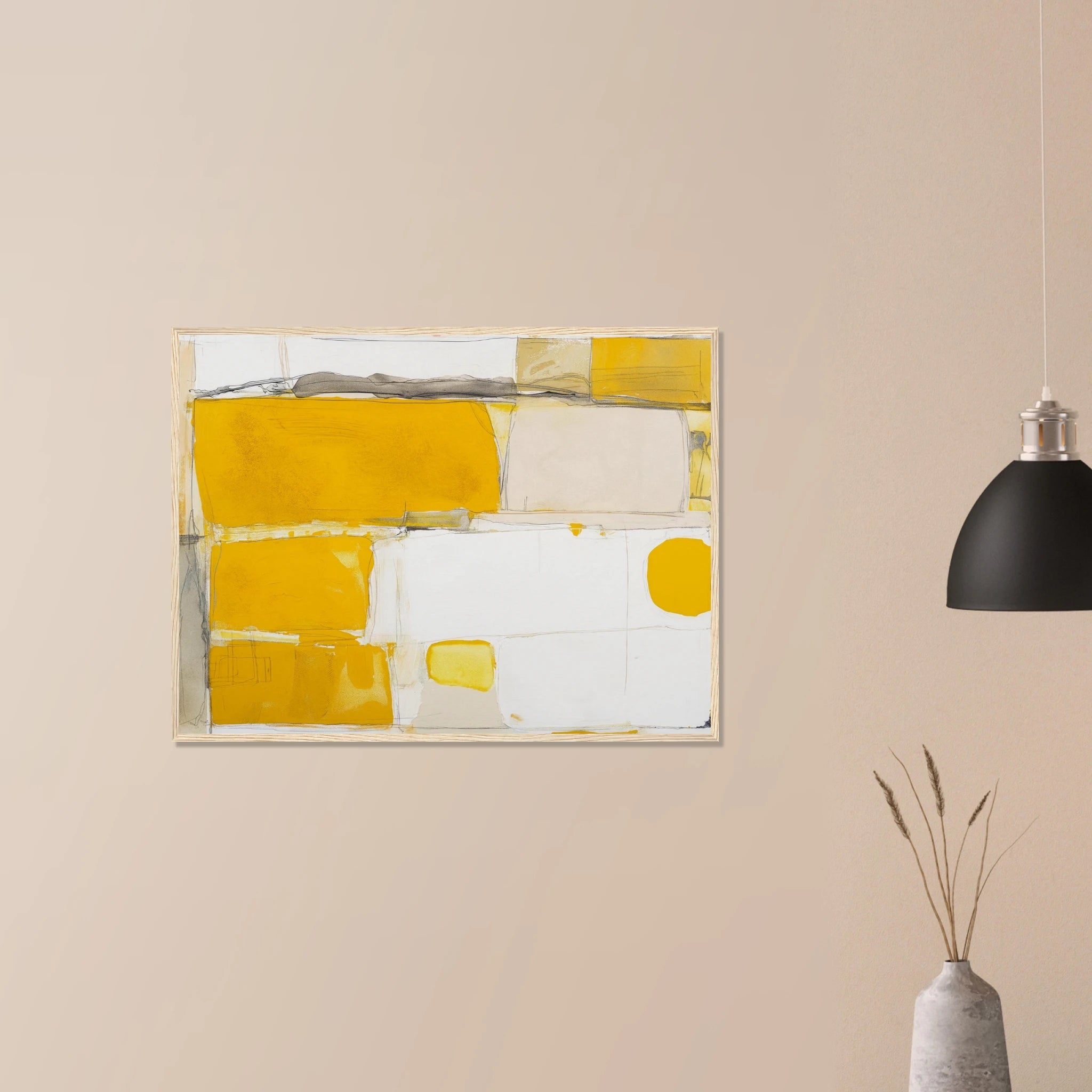 Mustard Field Abstract abstract art in white frame on neutral wall, golden yellow and sage bands for living room decor