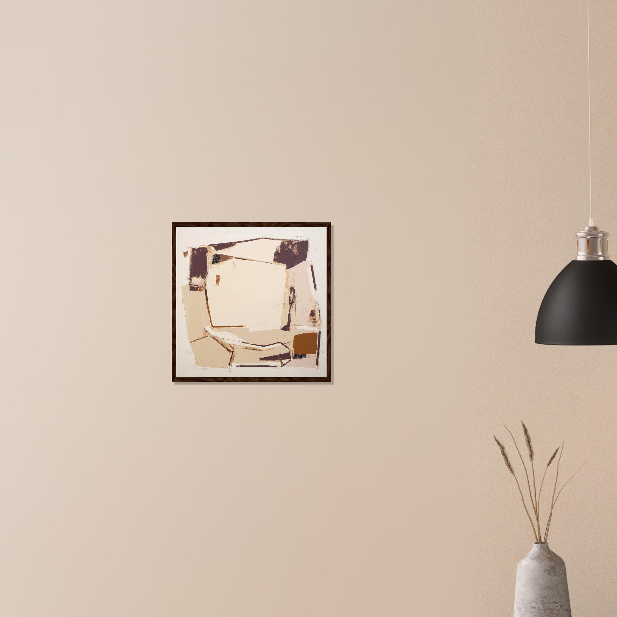 Packing House warm architectural print in natural wood frame on neutral wall in modern home, layered warehouse geometry and subtle texture