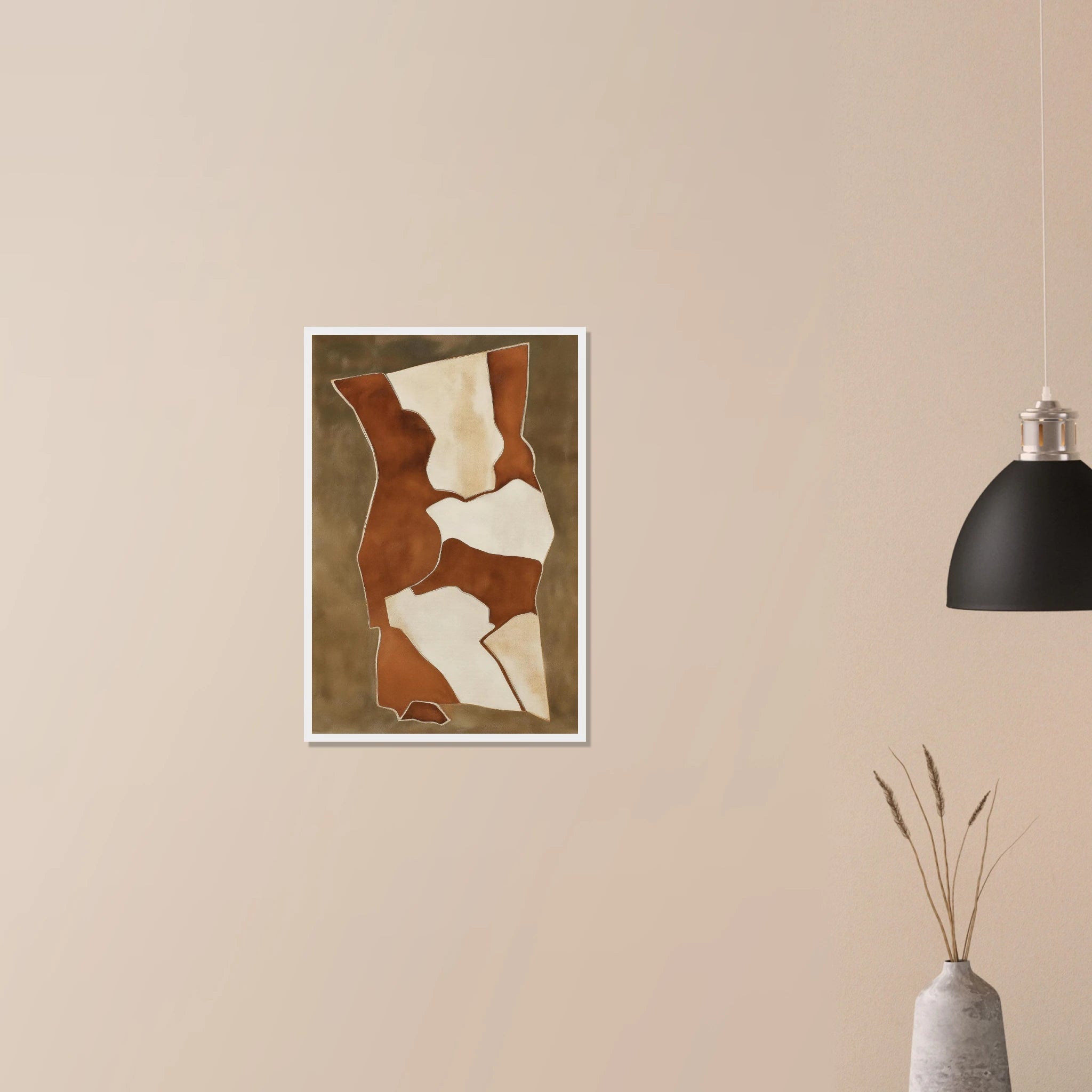 Earth Vessels minimalist abstract print in white frame on neutral wall, terracotta and sand geometric forms