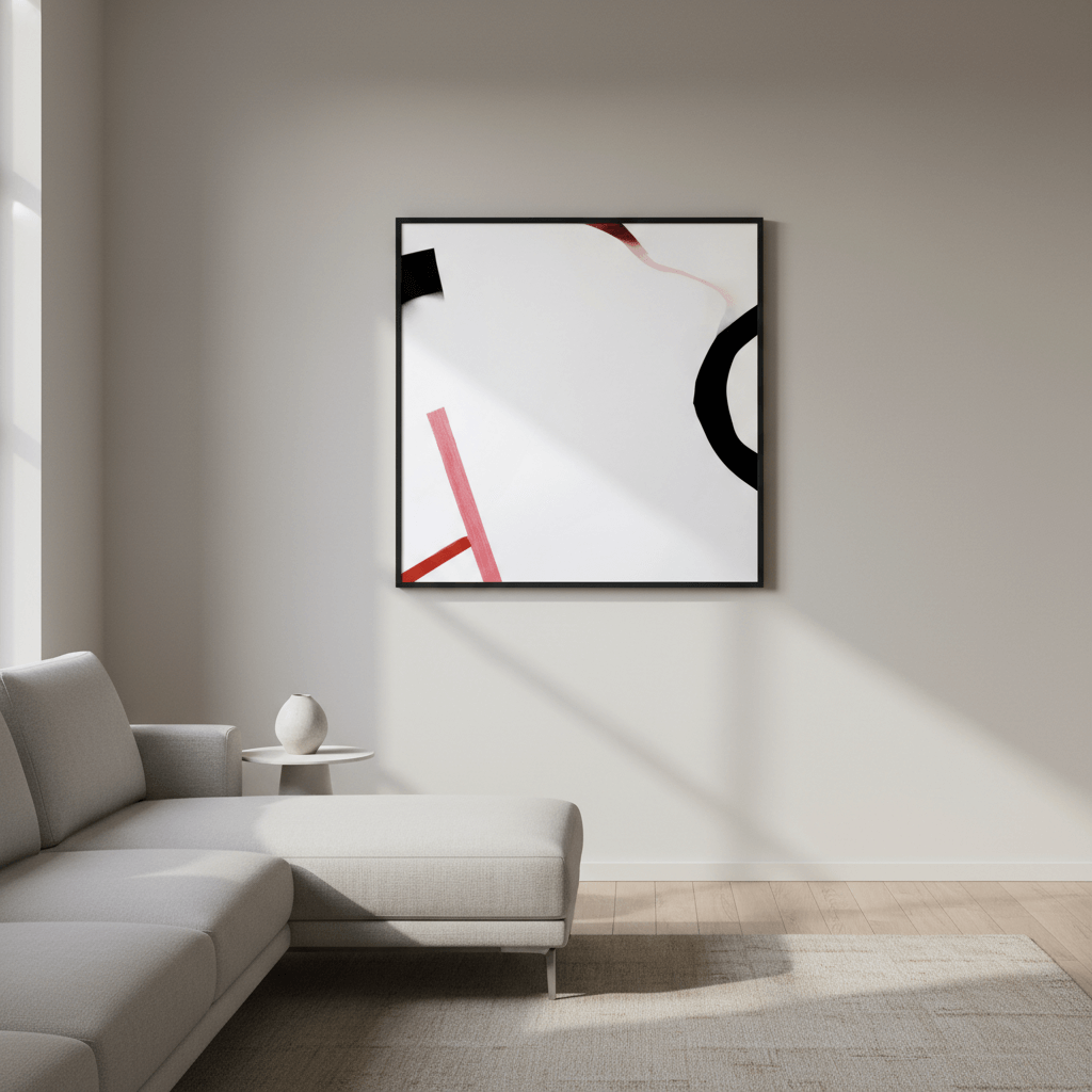 Survey Flags large scale minimalist abstract print with crimson stakes, black mass and expansive white negative space