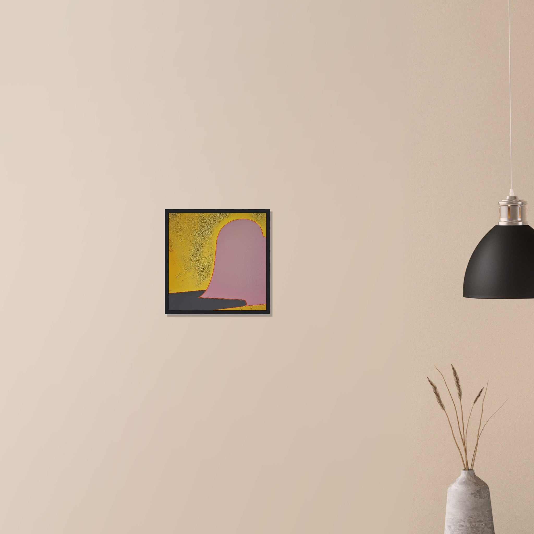 Colusa at Noon minimalist gold and mauve art in white frame on neutral wall in modern home, clean composition with subtle tension