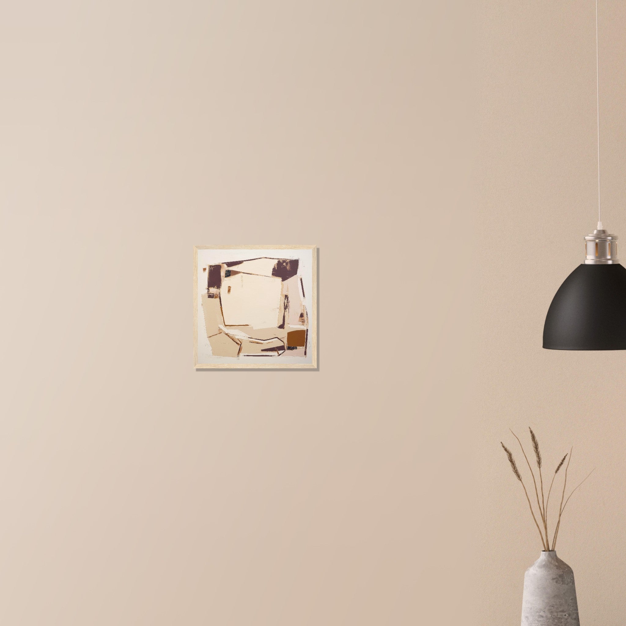 Packing House modern farm industry artwork in wood frame on neutral wall in modern home, layered architectural shapes and calm neutrals