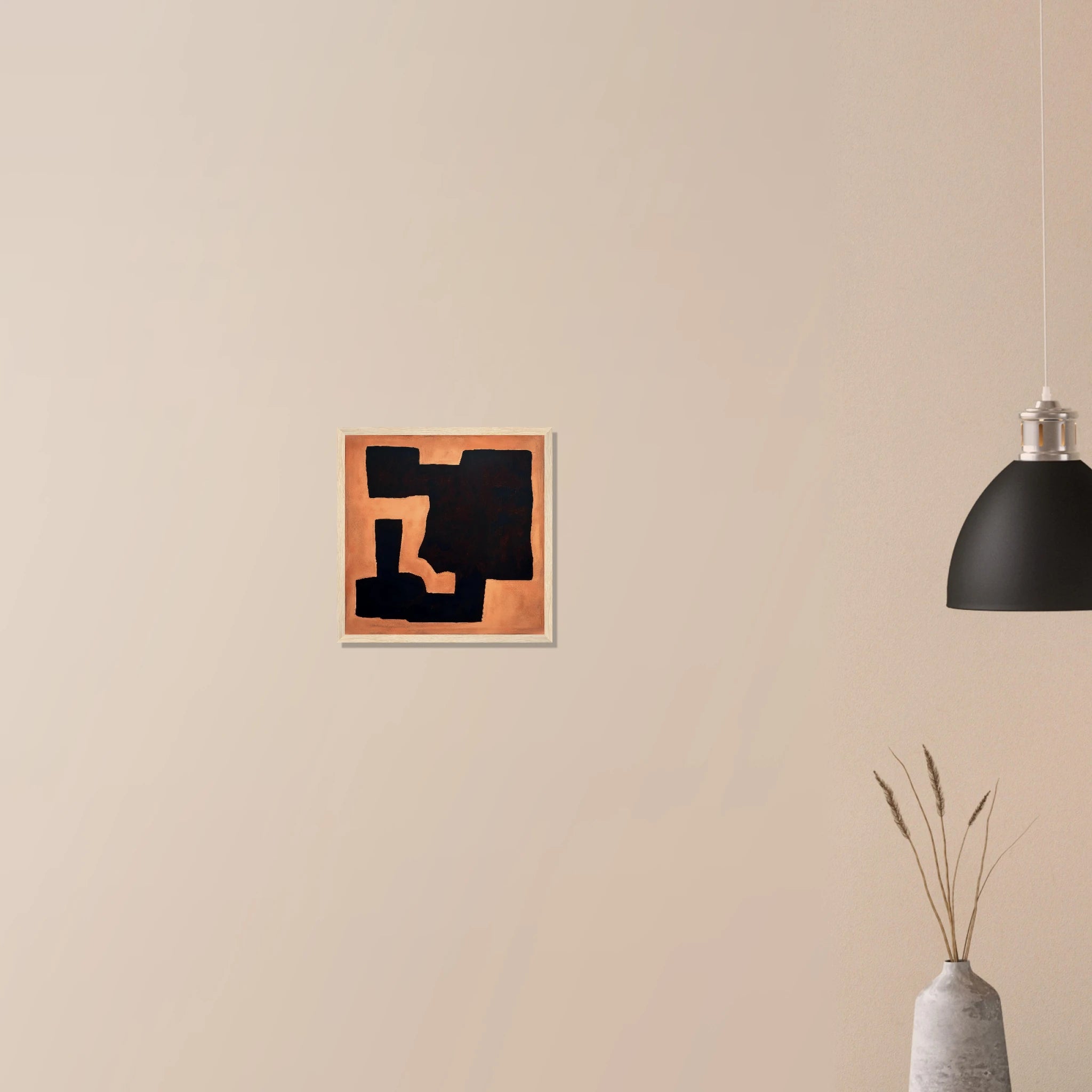 Terracotta Fragment abstract minimalist art in black frame on neutral wall, earthy orange and cream shard form