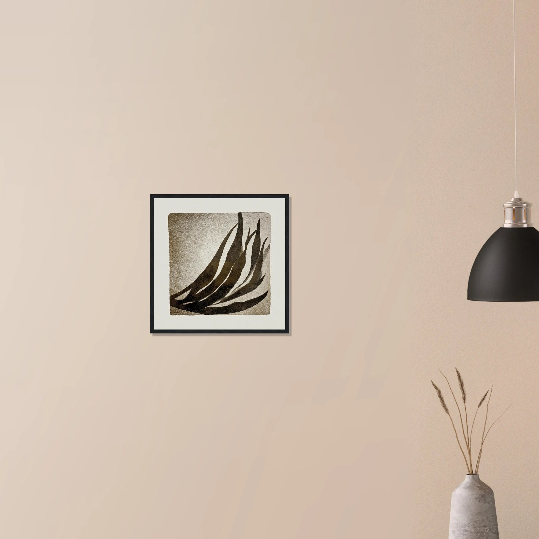 Palm Frond Shadow Study minimalist botanical print in white frame on neutral wall, warm beige tropical leaf study