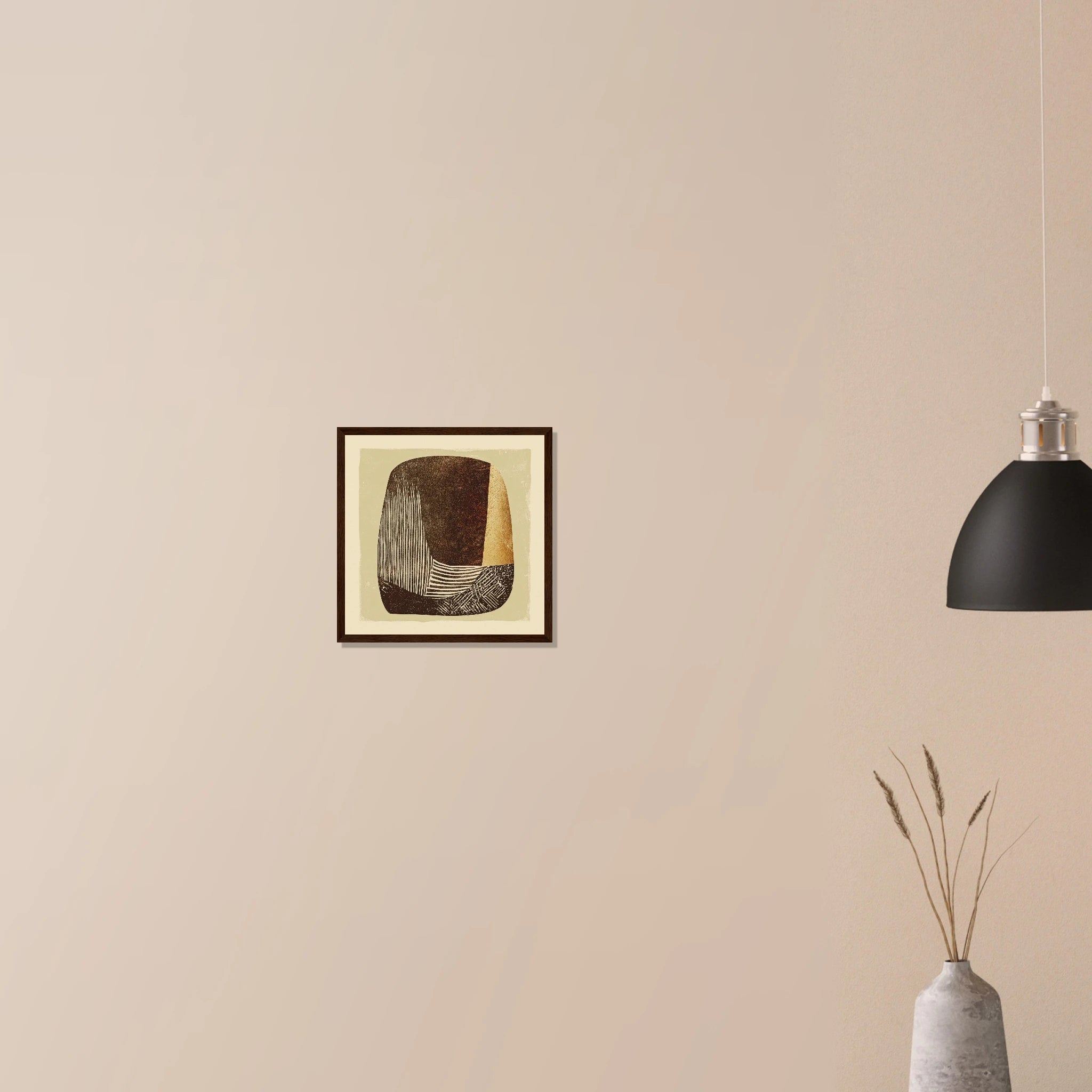 Carved Vessel contemporary abstract print in white frame on neutral wall, rust orange pottery silhouette with etched detail