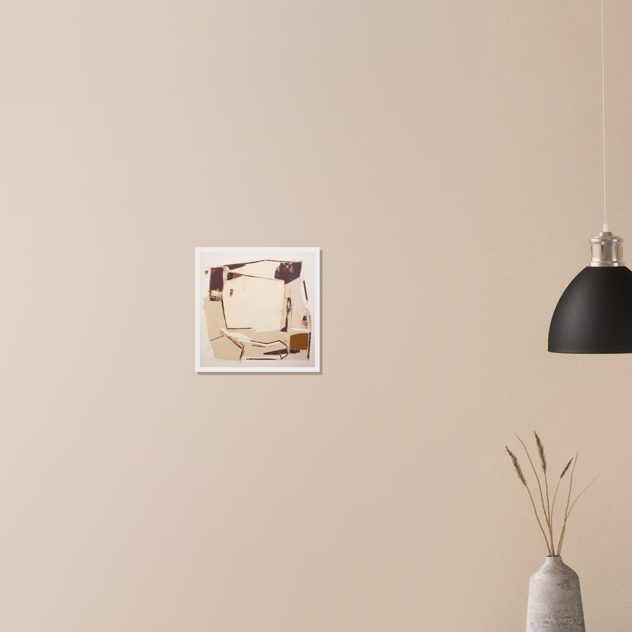 Packing House earthy industrial print in wood frame on neutral wall in modern home, calm geometric layout and agricultural reference