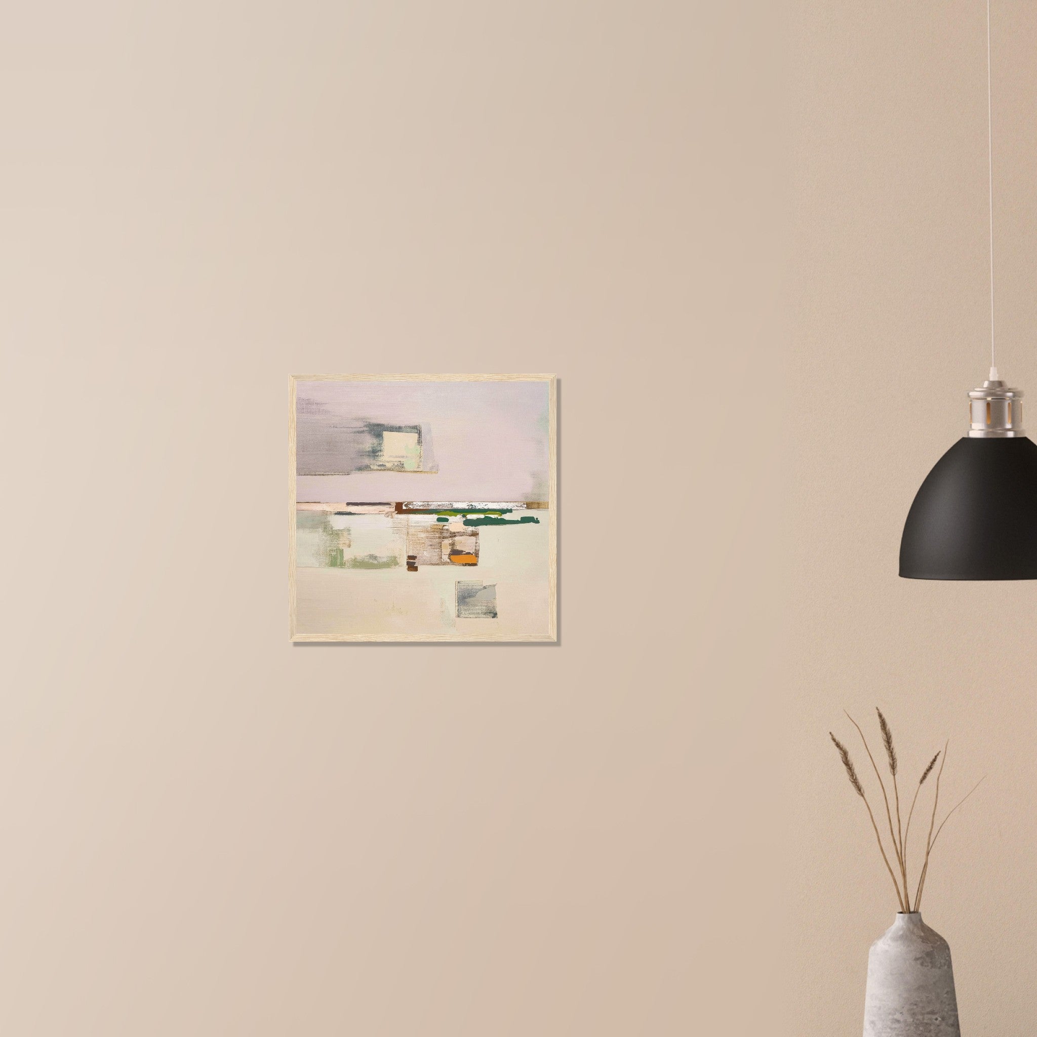 Oakville Floor understated vineyard abstract in dark wood frame on neutral wall in modern home, soft dusty rose and sage composition