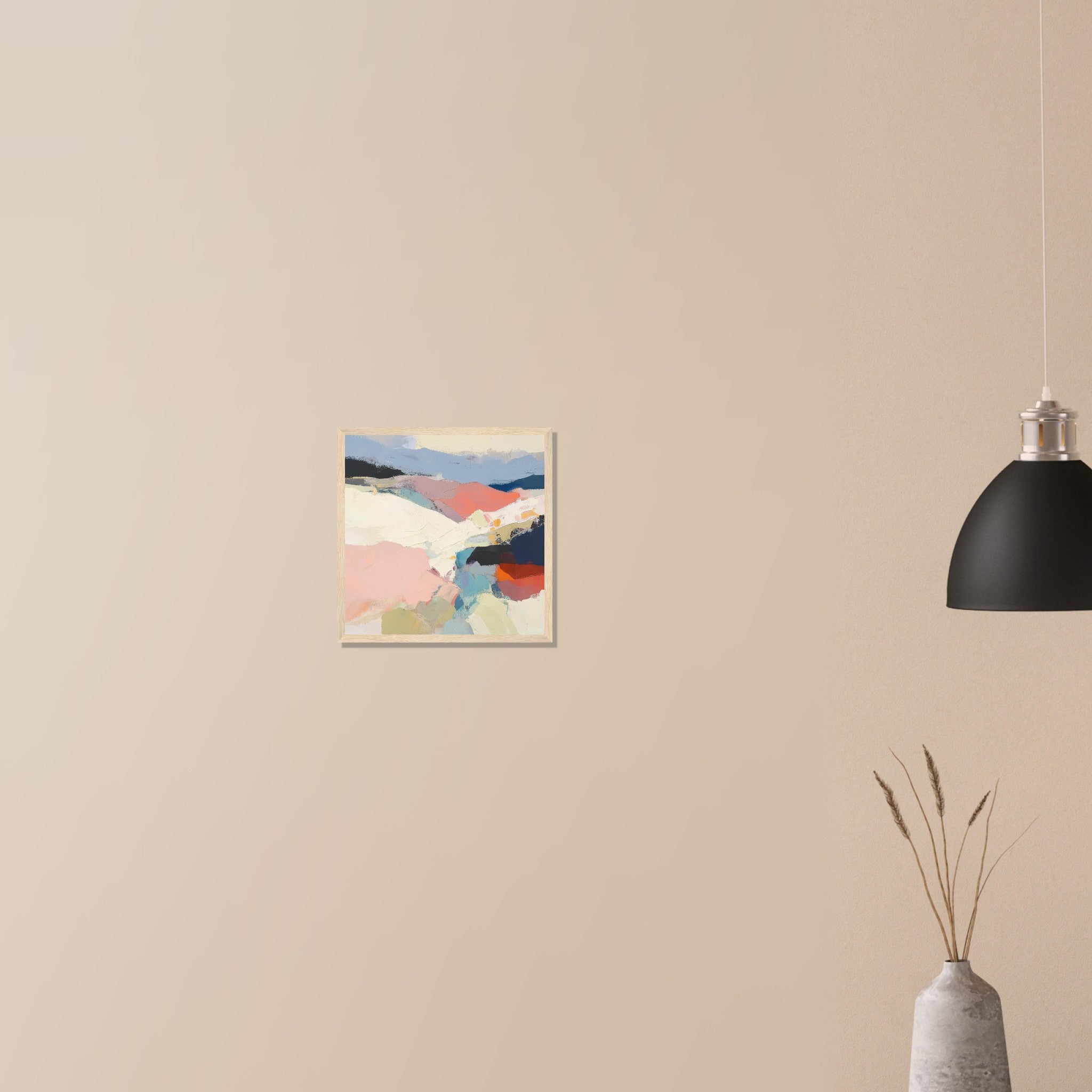 Piedmont painterly ridge line abstract in dark wood frame on neutral wall in modern home, layered blush terrain and navy pools